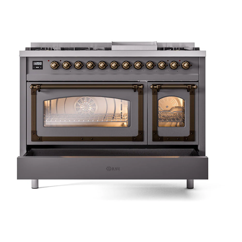 ILVE Nostalgie II Noblesse 48-Inch Freestanding Natural Gas Dual Fuel Range in Matte Graphite with Bronze Trim (UN48FNMPMGB) - Image 8