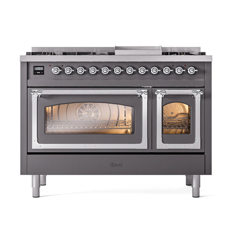 ILVE Nostalgie II Noblesse 48-Inch Freestanding Natural Gas Dual Fuel Range in Matte Graphite with Chrome Trim (UN48FNMPMGC) - Image 2