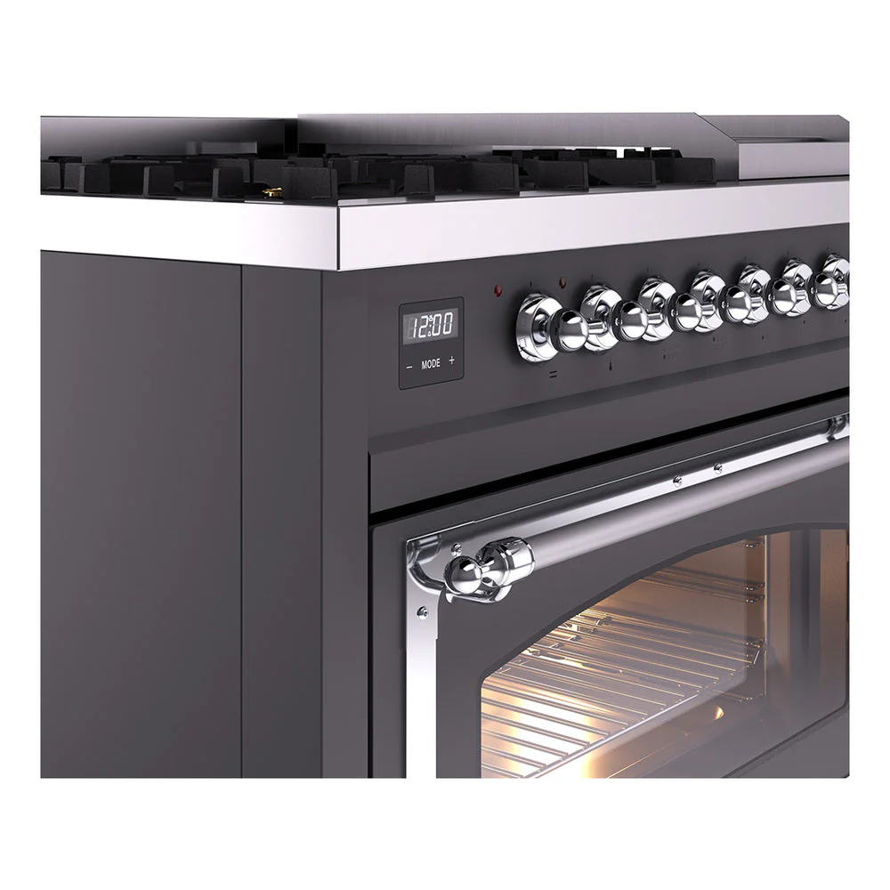 ILVE Nostalgie II Noblesse 48-Inch Freestanding Natural Gas Dual Fuel Range in Matte Graphite with Chrome Trim (UN48FNMPMGC) - Image 3