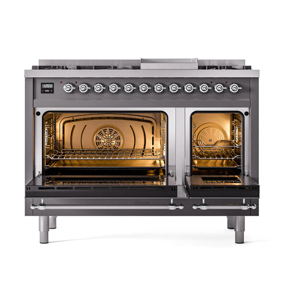 ILVE Nostalgie II Noblesse 48-Inch Freestanding Natural Gas Dual Fuel Range in Matte Graphite with Chrome Trim (UN48FNMPMGC) - Image 5