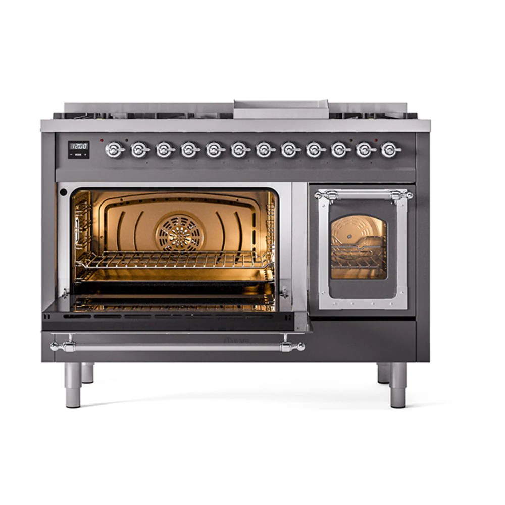 ILVE Nostalgie II Noblesse 48-Inch Freestanding Natural Gas Dual Fuel Range in Matte Graphite with Chrome Trim (UN48FNMPMGC) - Image 6