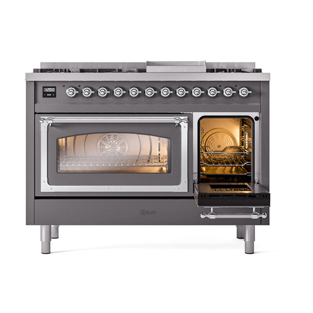 ILVE Nostalgie II Noblesse 48-Inch Freestanding Natural Gas Dual Fuel Range in Matte Graphite with Chrome Trim (UN48FNMPMGC) - Image 7