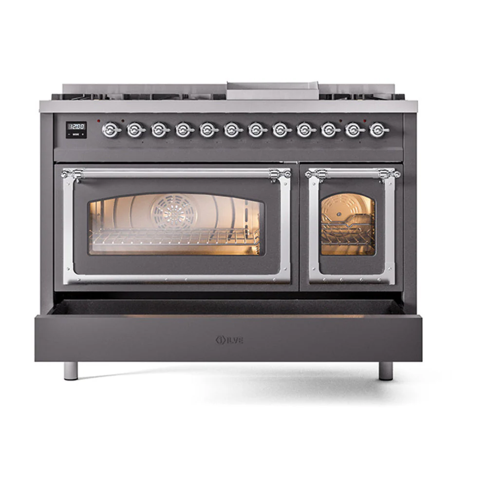 ILVE Nostalgie II Noblesse 48-Inch Freestanding Natural Gas Dual Fuel Range in Matte Graphite with Chrome Trim (UN48FNMPMGC) - Image 8