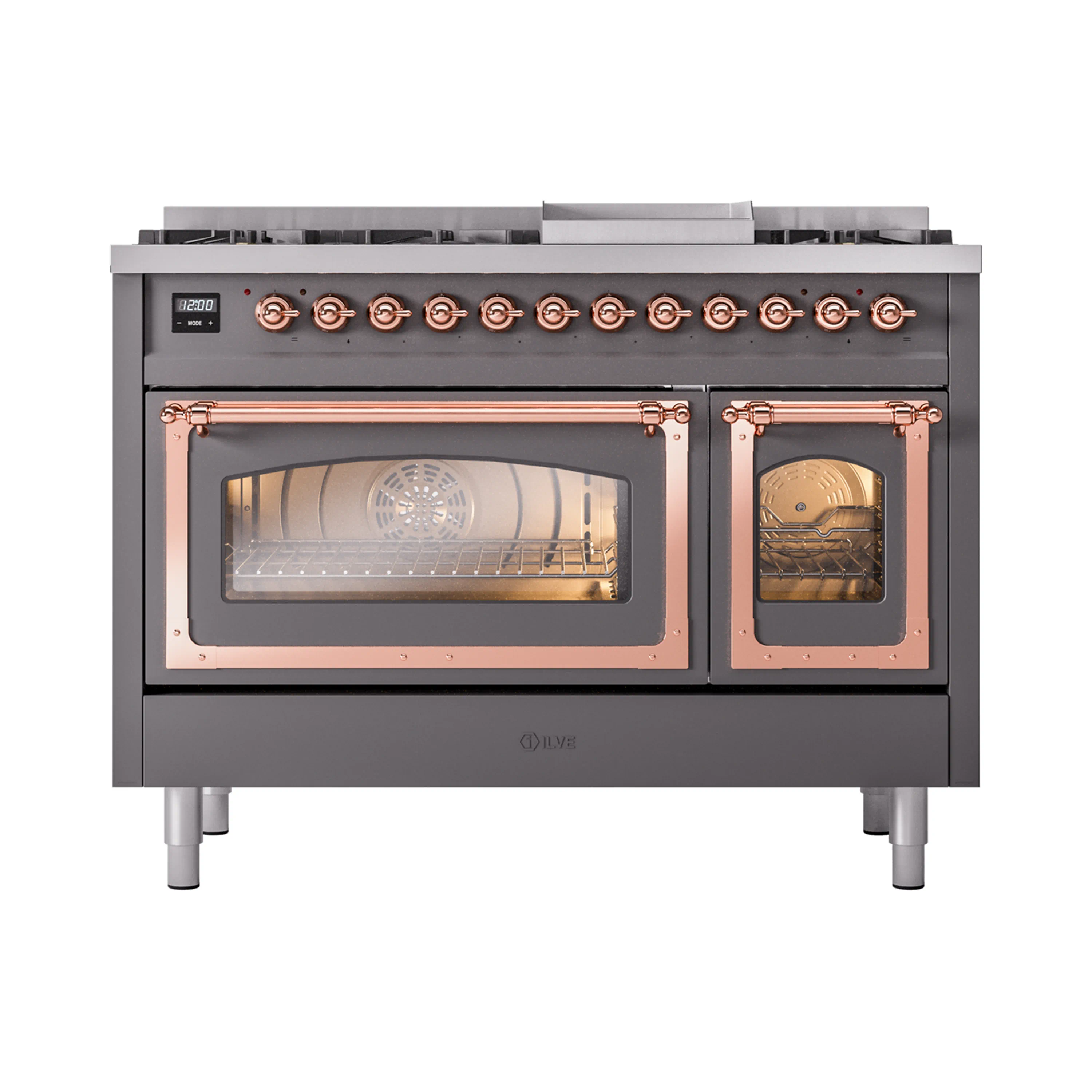 ILVE Nostalgie II Noblesse 48-Inch Freestanding Natural Gas Dual Fuel Range in Matte Graphite with Copper Trim (UN48FNMPMGP) - Image 2