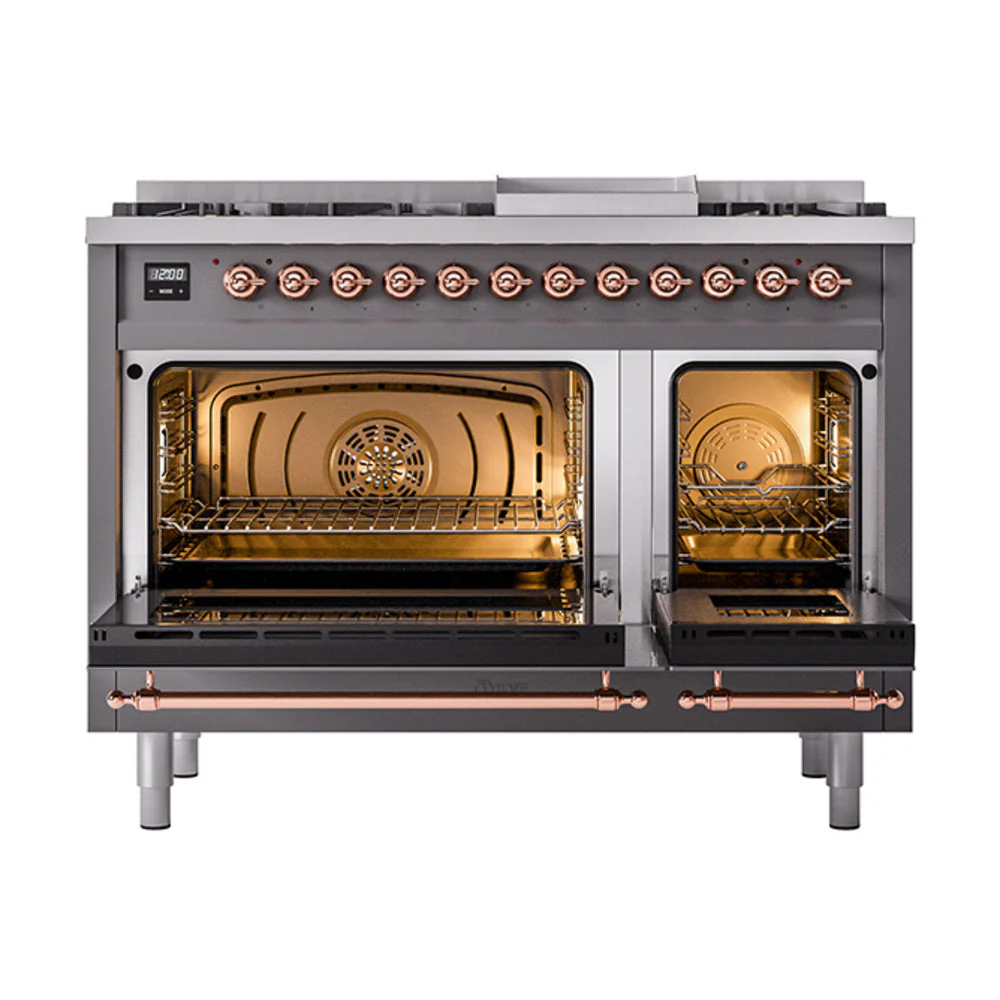 ILVE Nostalgie II Noblesse 48-Inch Freestanding Natural Gas Dual Fuel Range in Matte Graphite with Copper Trim (UN48FNMPMGP) - Image 5