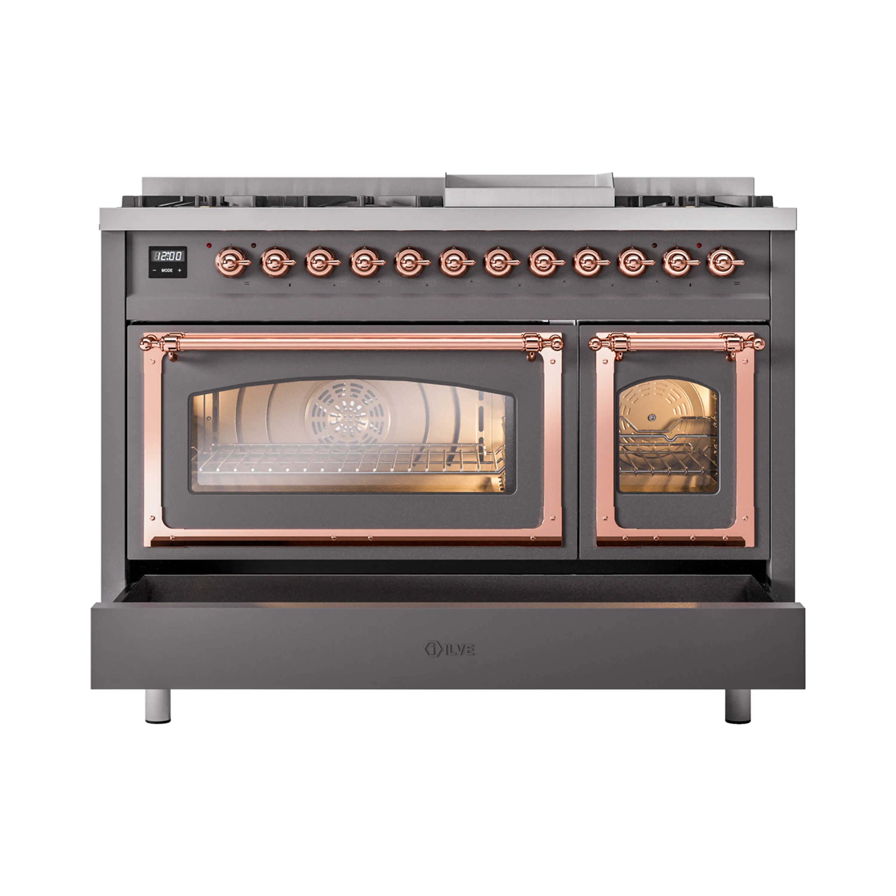 ILVE Nostalgie II Noblesse 48-Inch Freestanding Natural Gas Dual Fuel Range in Matte Graphite with Copper Trim (UN48FNMPMGP) - Image 6