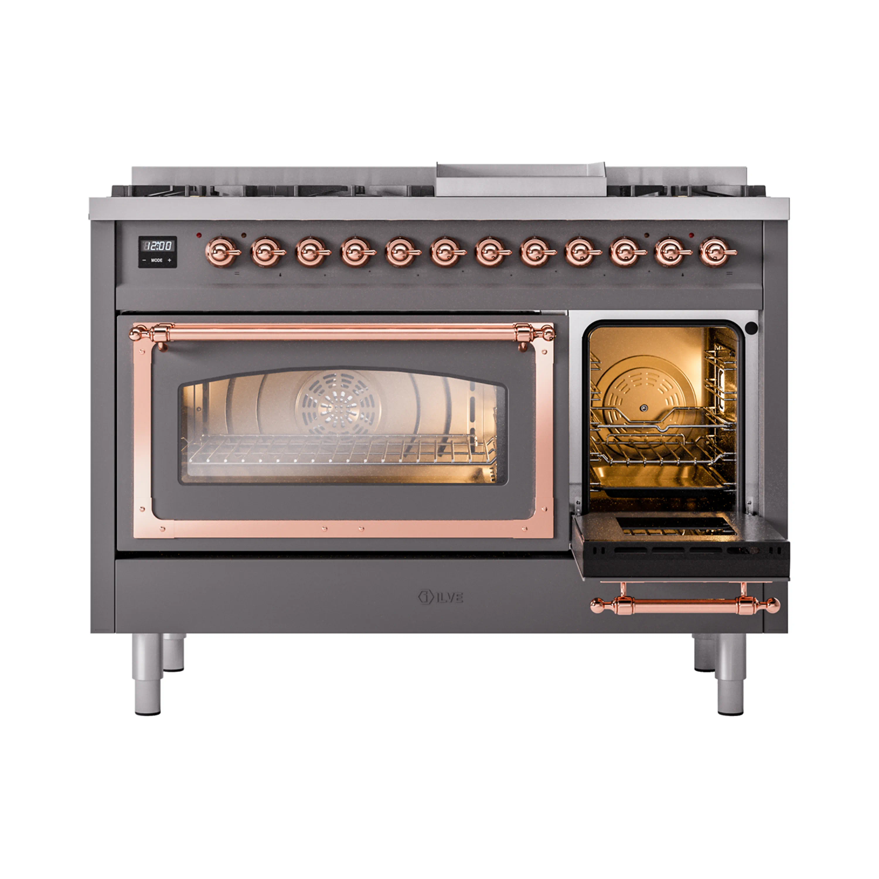 ILVE Nostalgie II Noblesse 48-Inch Freestanding Natural Gas Dual Fuel Range in Matte Graphite with Copper Trim (UN48FNMPMGP) - Image 7