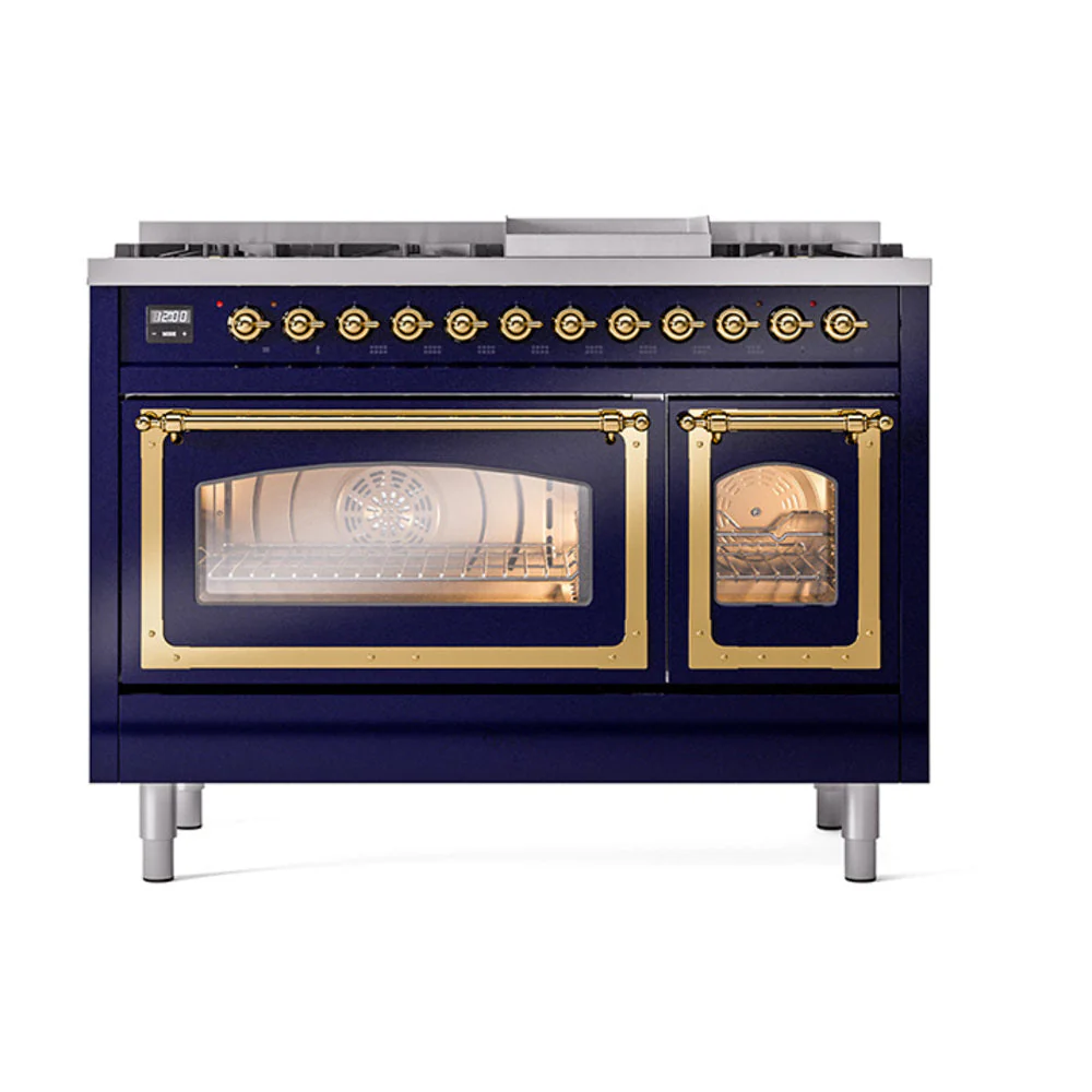 ILVE Nostalgie II Noblesse 48-Inch Freestanding Natural Gas Dual Fuel Range in Midnight Blue with Brass Trim (UN48FNMPMBG) - Image 2