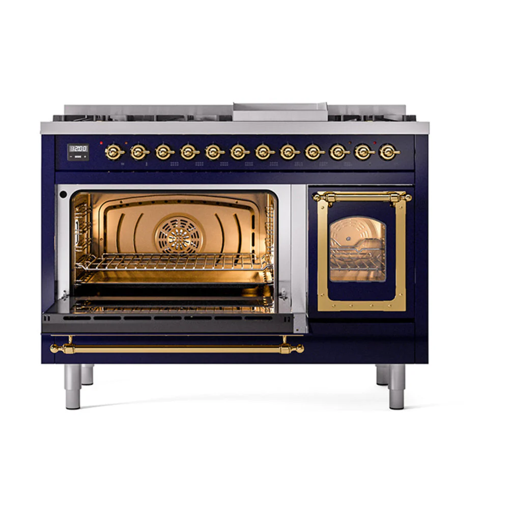 ILVE Nostalgie II Noblesse 48-Inch Freestanding Natural Gas Dual Fuel Range in Midnight Blue with Brass Trim (UN48FNMPMBG) - Image 6