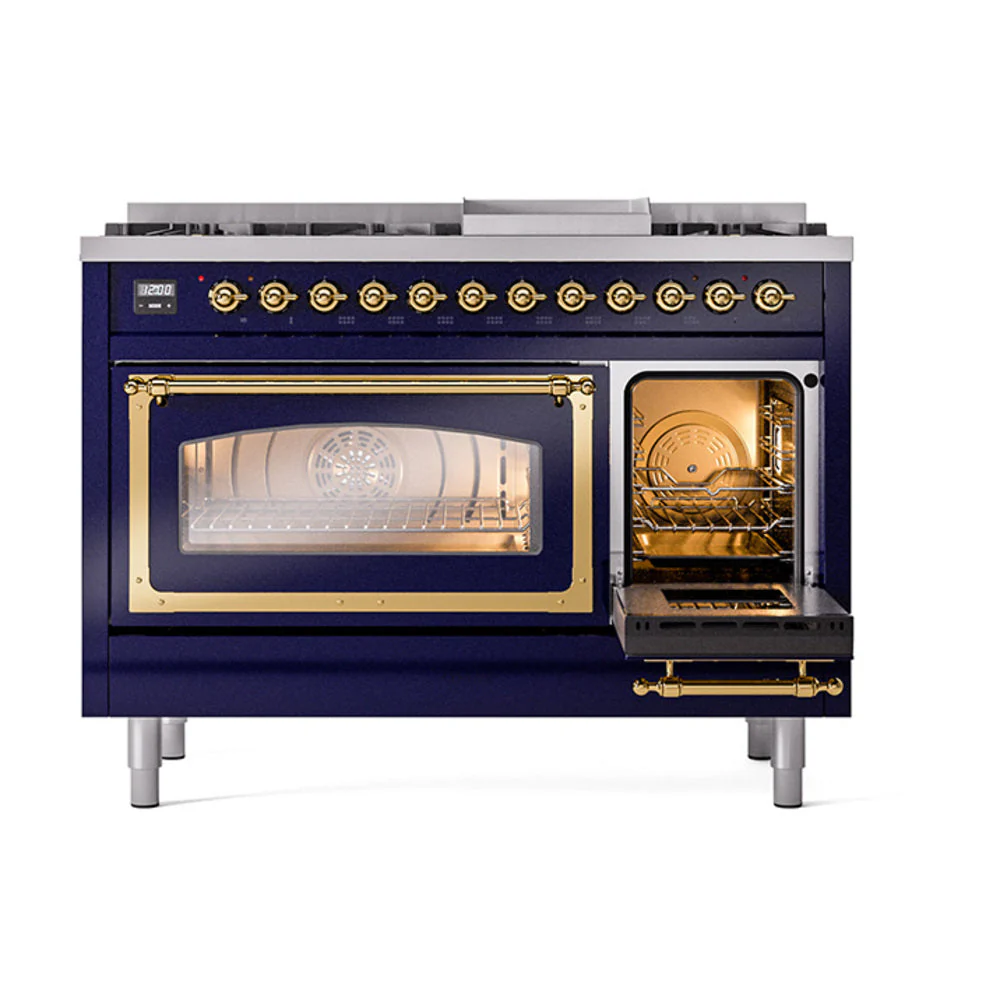 ILVE Nostalgie II Noblesse 48-Inch Freestanding Natural Gas Dual Fuel Range in Midnight Blue with Brass Trim (UN48FNMPMBG) - Image 7
