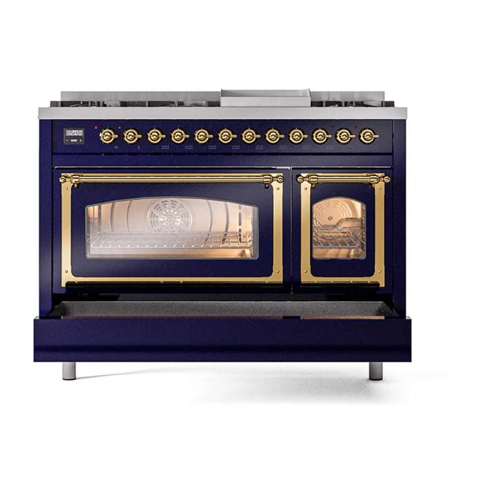 ILVE Nostalgie II Noblesse 48-Inch Freestanding Natural Gas Dual Fuel Range in Midnight Blue with Brass Trim (UN48FNMPMBG) - Image 8