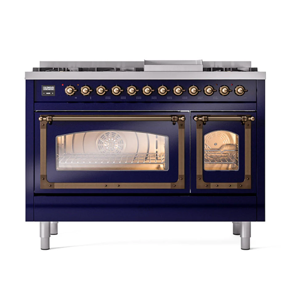 ILVE Nostalgie II Noblesse 48-Inch Freestanding Natural Gas Dual Fuel Range in Midnight Blue with Bronze Trim (UN48FNMPMBB) - Image 2