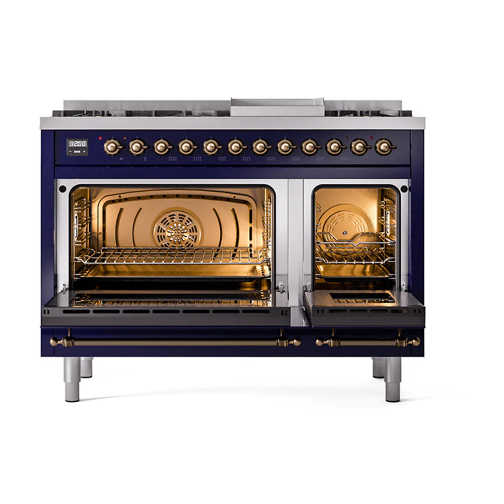 ILVE Nostalgie II Noblesse 48-Inch Freestanding Natural Gas Dual Fuel Range in Midnight Blue with Bronze Trim (UN48FNMPMBB) - Image 5