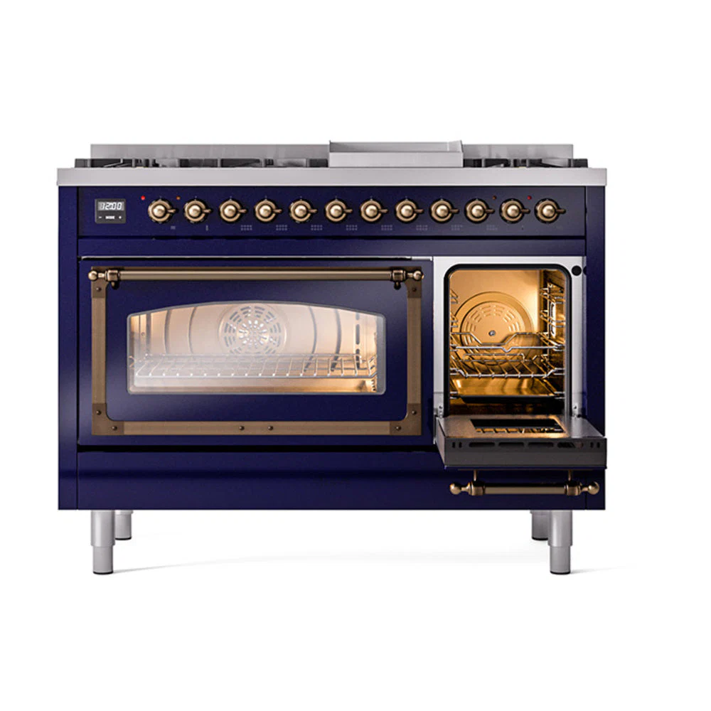 ILVE Nostalgie II Noblesse 48-Inch Freestanding Natural Gas Dual Fuel Range in Midnight Blue with Bronze Trim (UN48FNMPMBB) - Image 7