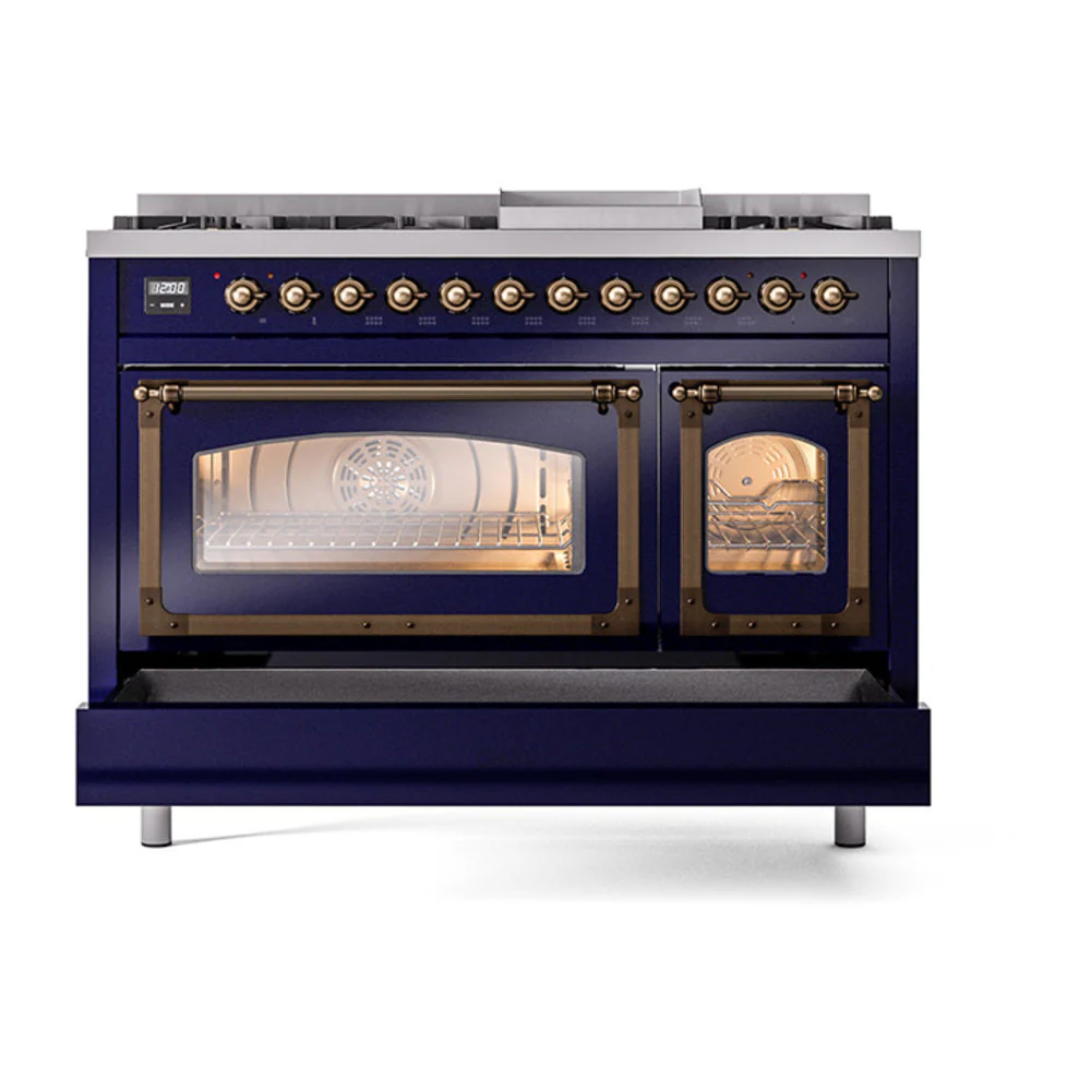ILVE Nostalgie II Noblesse 48-Inch Freestanding Natural Gas Dual Fuel Range in Midnight Blue with Bronze Trim (UN48FNMPMBB) - Image 8