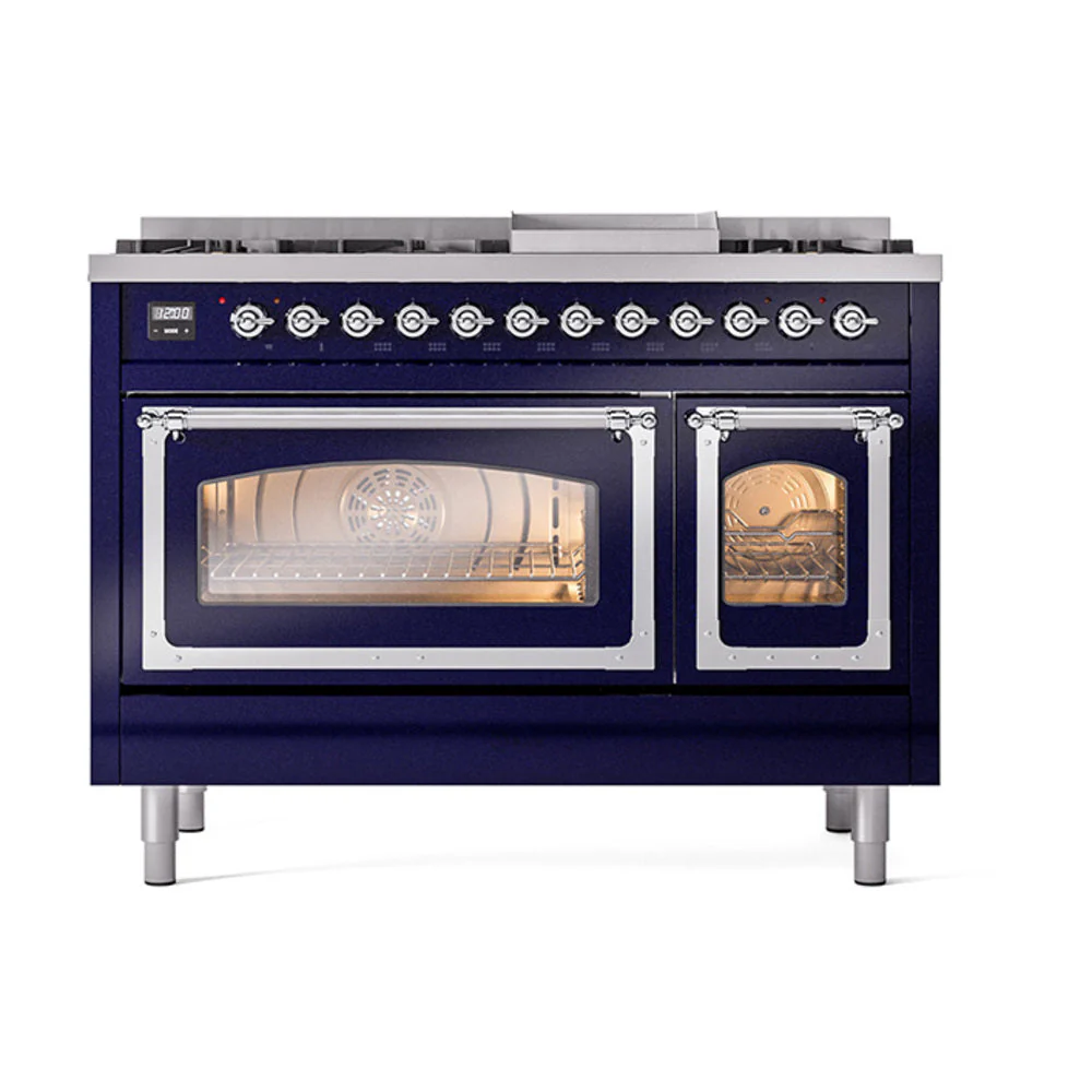 ILVE Nostalgie II Noblesse 48-Inch Freestanding Natural Gas Dual Fuel Range in Midnight Blue with Chrome Trim (UN48FNMPMBC) - Image 2
