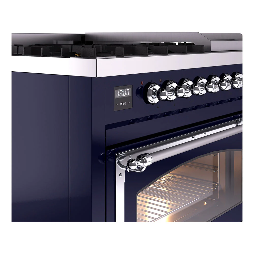 ILVE Nostalgie II Noblesse 48-Inch Freestanding Natural Gas Dual Fuel Range in Midnight Blue with Chrome Trim (UN48FNMPMBC) - Image 3
