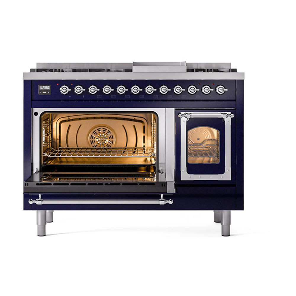 ILVE Nostalgie II Noblesse 48-Inch Freestanding Natural Gas Dual Fuel Range in Midnight Blue with Chrome Trim (UN48FNMPMBC) - Image 6