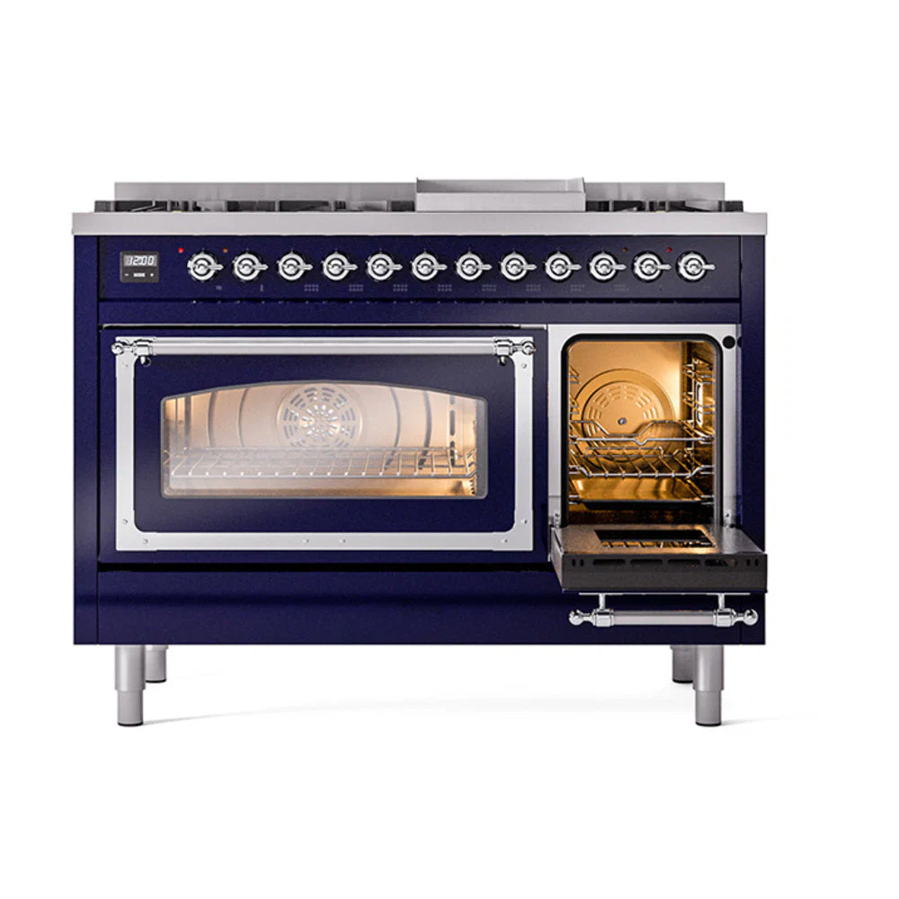 ILVE Nostalgie II Noblesse 48-Inch Freestanding Natural Gas Dual Fuel Range in Midnight Blue with Chrome Trim (UN48FNMPMBC) - Image 7