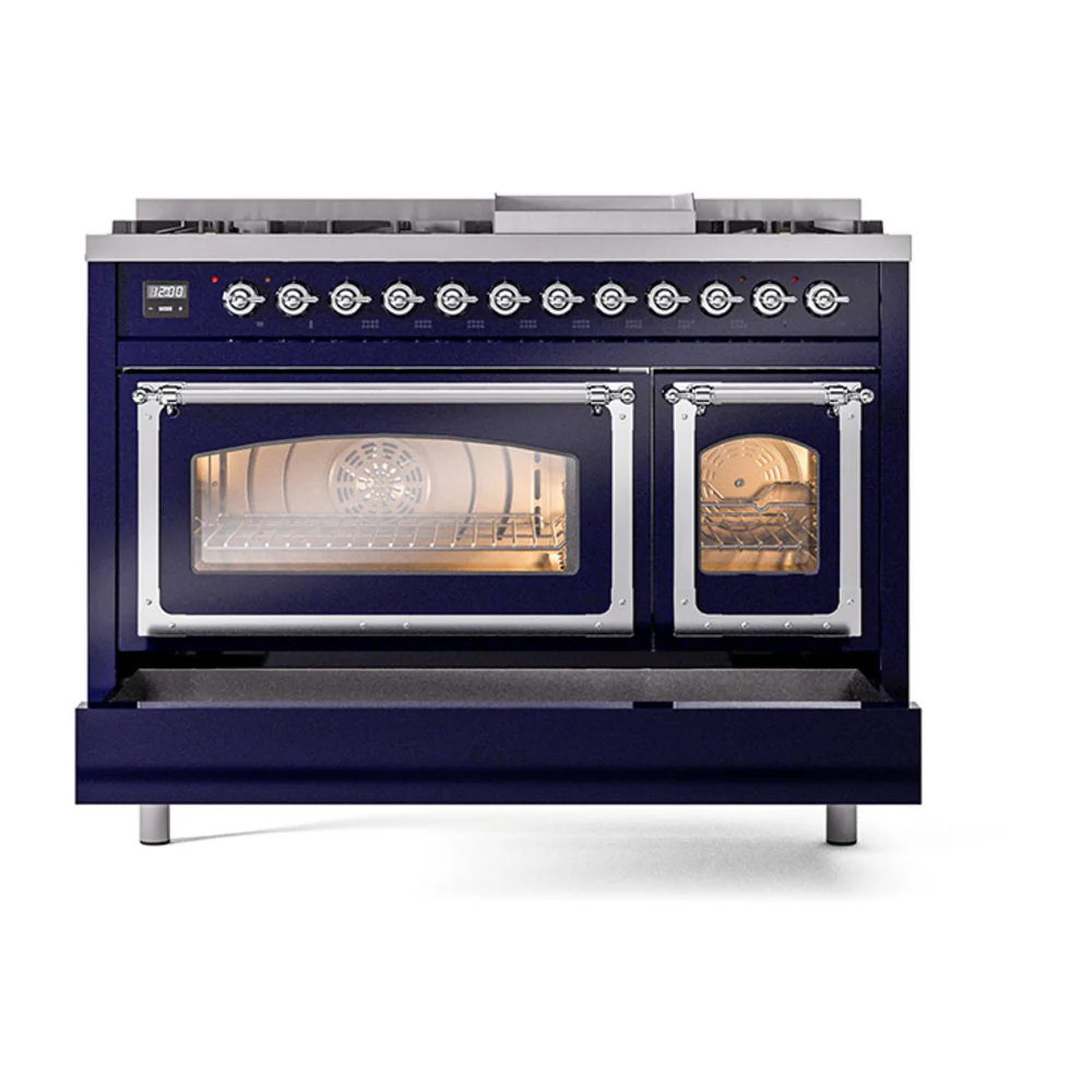 ILVE Nostalgie II Noblesse 48-Inch Freestanding Natural Gas Dual Fuel Range in Midnight Blue with Chrome Trim (UN48FNMPMBC) - Image 8