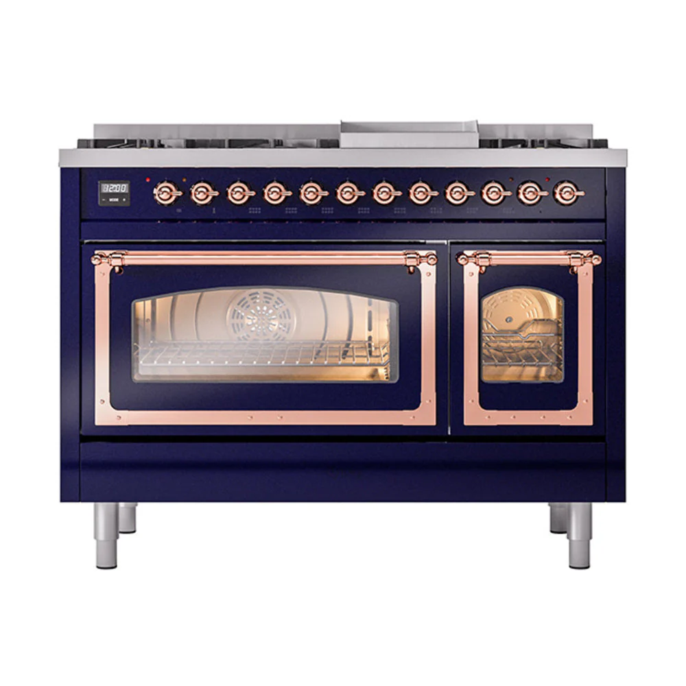 ILVE Nostalgie II Noblesse 48-Inch Freestanding Natural Gas Dual Fuel Range in Midnight Blue with Copper Trim (UN48FNMPMBP) - Image 2