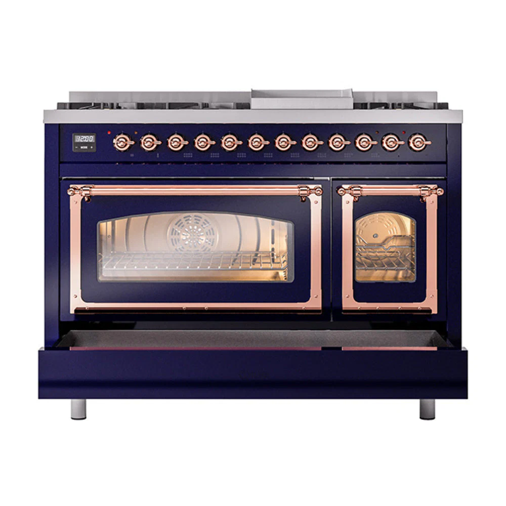 ILVE Nostalgie II Noblesse 48-Inch Freestanding Natural Gas Dual Fuel Range in Midnight Blue with Copper Trim (UN48FNMPMBP) - Image 8