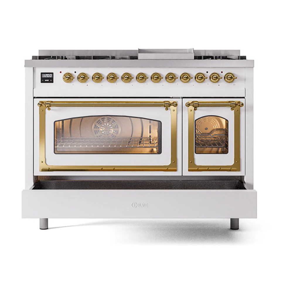 ILVE Nostalgie II Noblesse 48-Inch Freestanding Natural Gas Dual Fuel Range in RAL with Brass Trim (UN48FNMPRAG) - Image 8