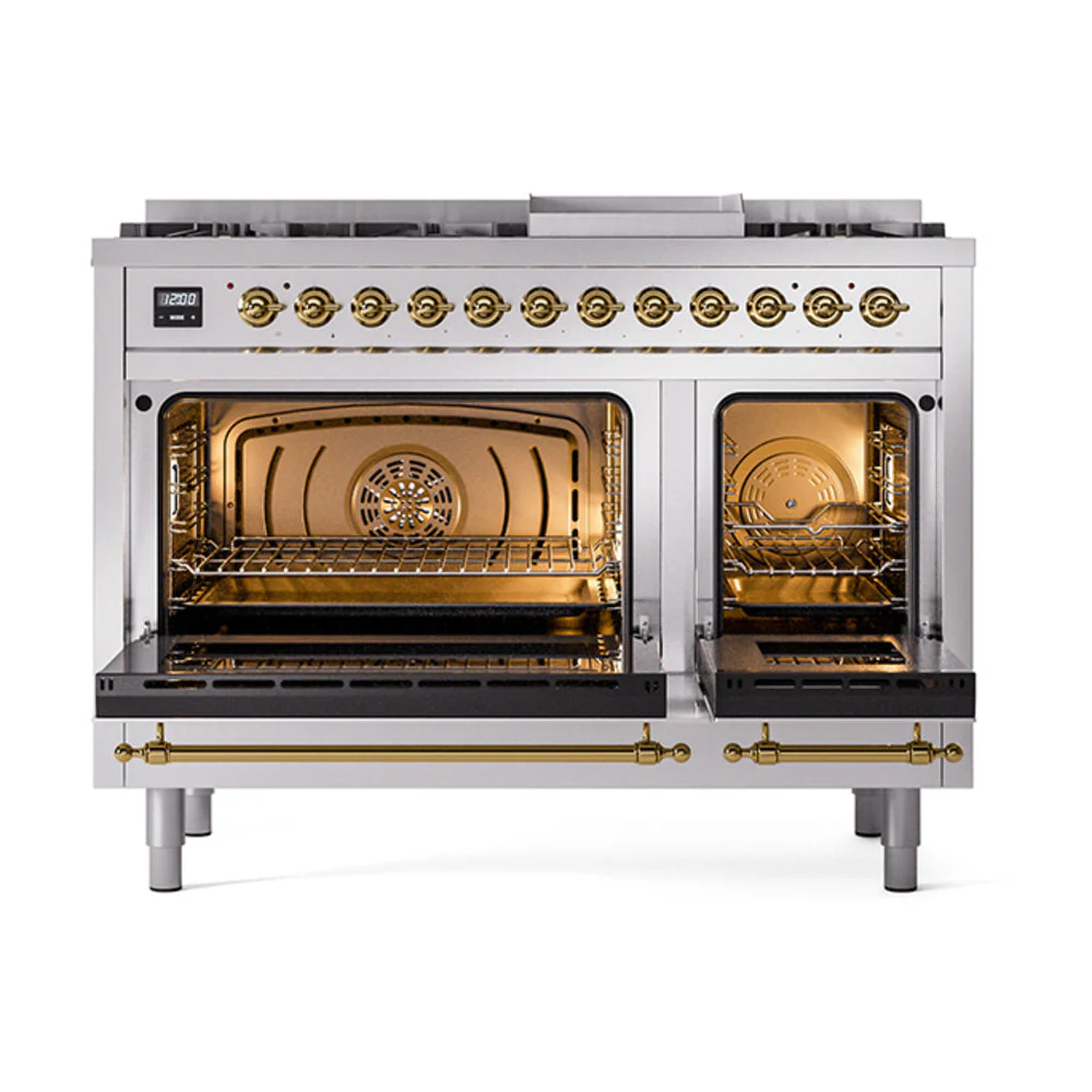 ILVE Nostalgie II Noblesse 48-Inch Freestanding Natural Gas Dual Fuel Range in Stainless Steel with Brass Trim (UN48FNMPSSG) - Image 5