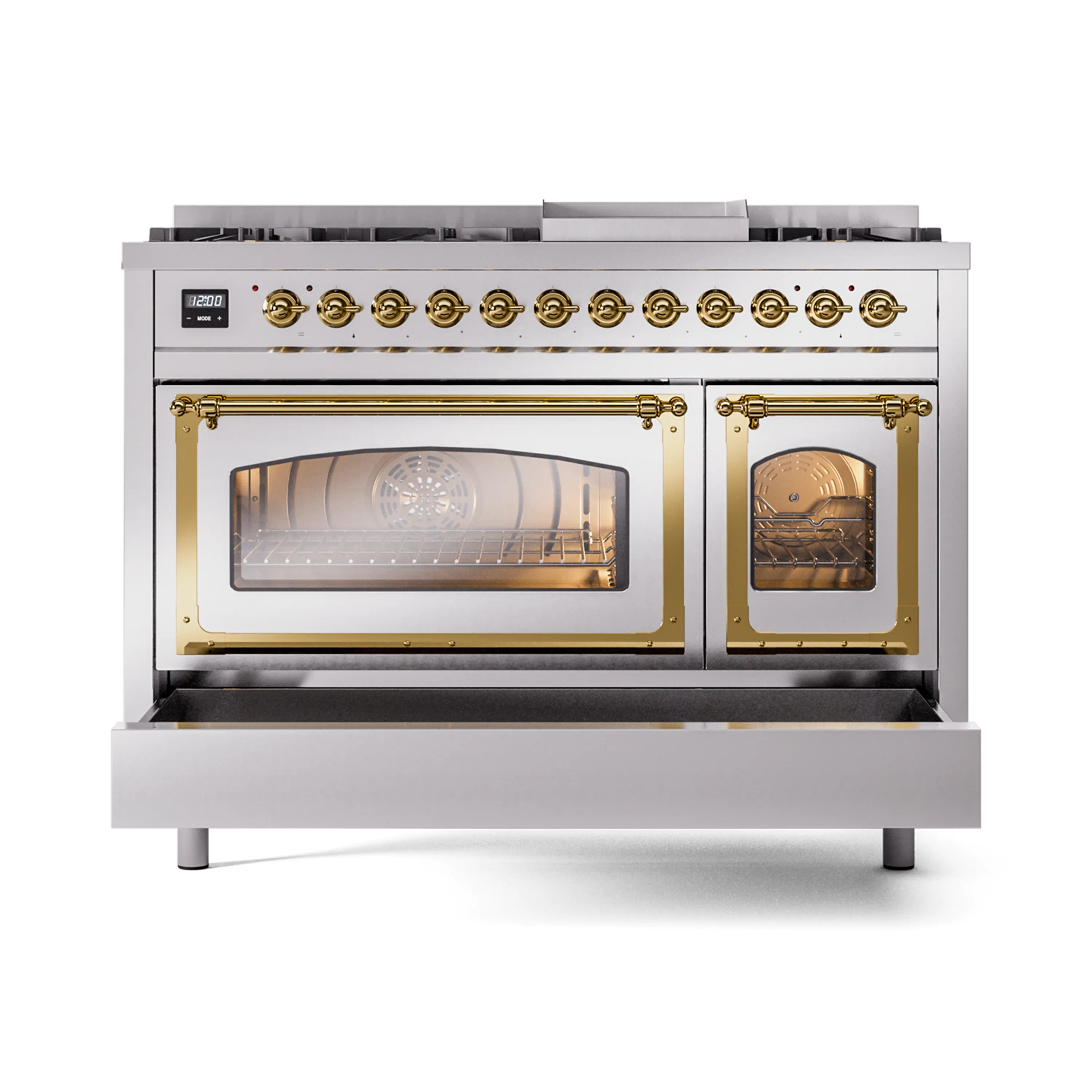 ILVE Nostalgie II Noblesse 48-Inch Freestanding Natural Gas Dual Fuel Range in Stainless Steel with Brass Trim (UN48FNMPSSG) - Image 6