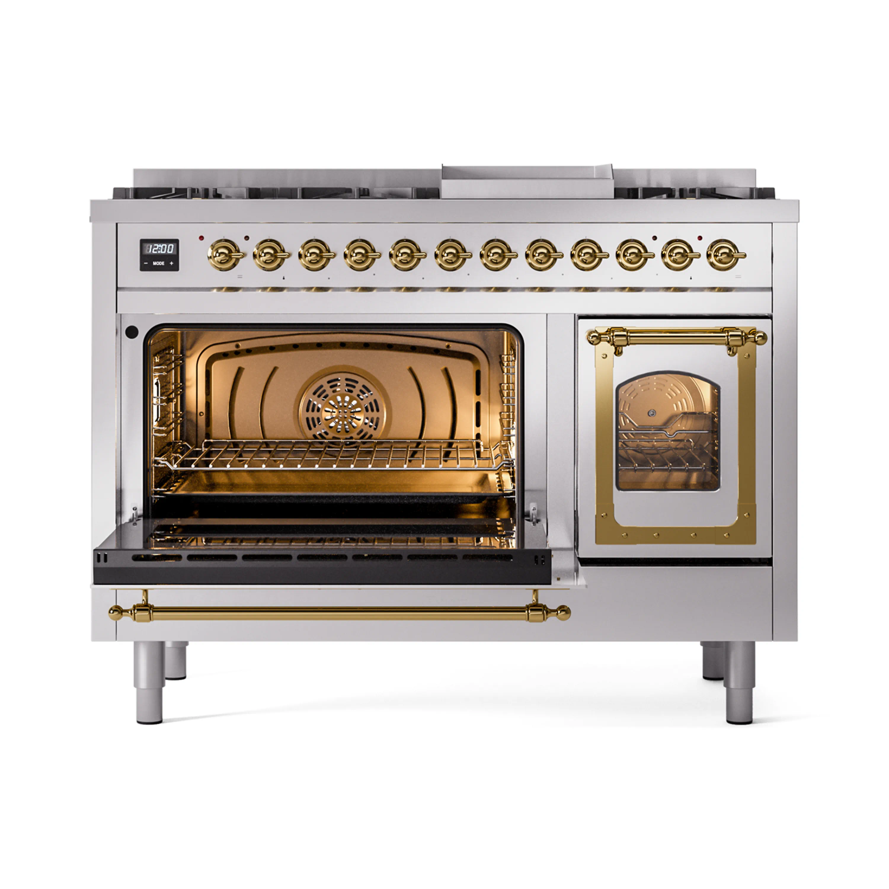 ILVE Nostalgie II Noblesse 48-Inch Freestanding Natural Gas Dual Fuel Range in Stainless Steel with Brass Trim (UN48FNMPSSG) - Image 8