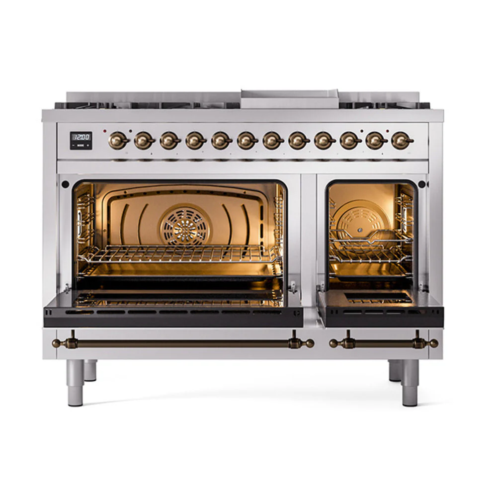 ILVE Nostalgie II Noblesse 48-Inch Freestanding Natural Gas Dual Fuel Range in Stainless Steel with Bronze Trim (UN48FNMPSSB) - Image 5