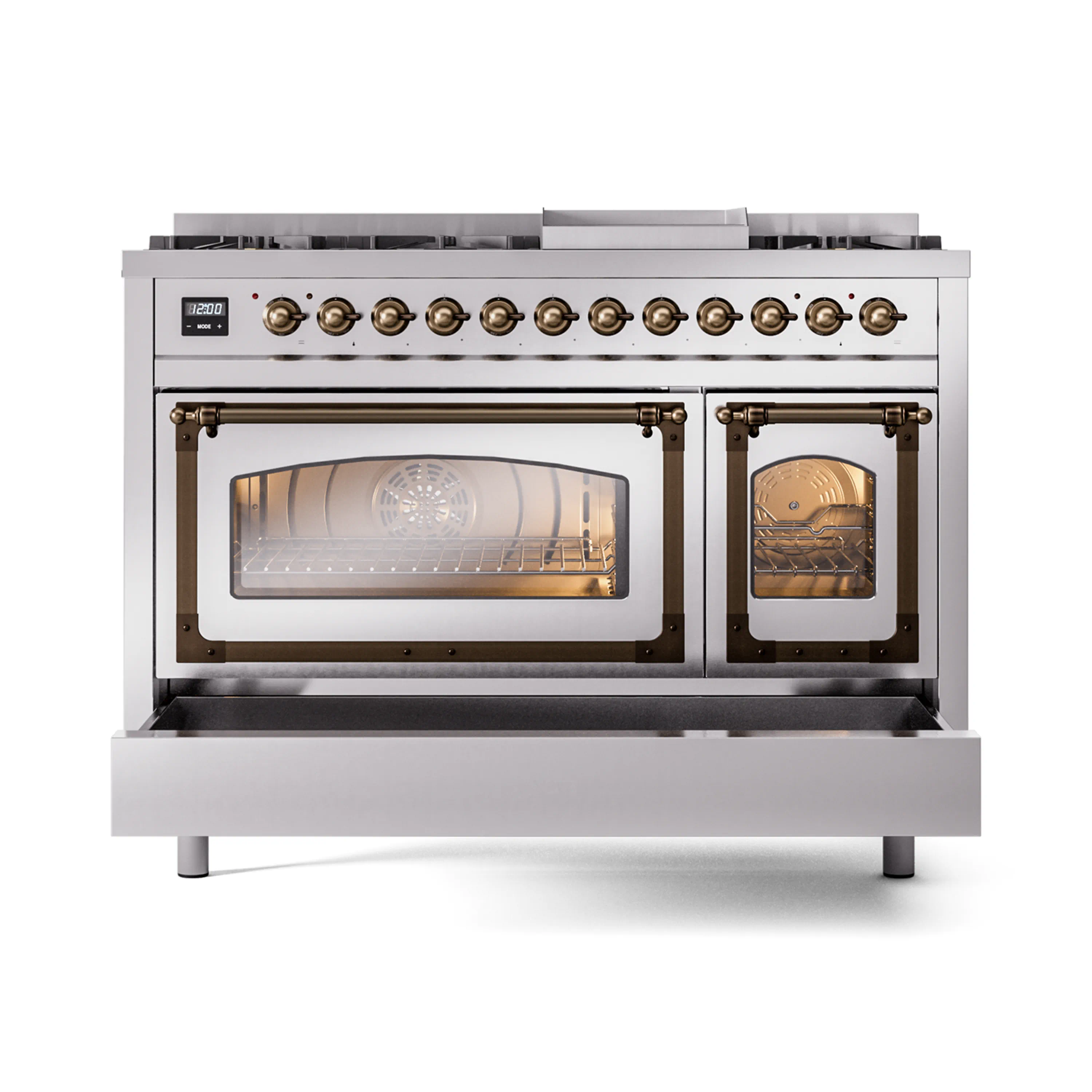 ILVE Nostalgie II Noblesse 48-Inch Freestanding Natural Gas Dual Fuel Range in Stainless Steel with Bronze Trim (UN48FNMPSSB) - Image 6