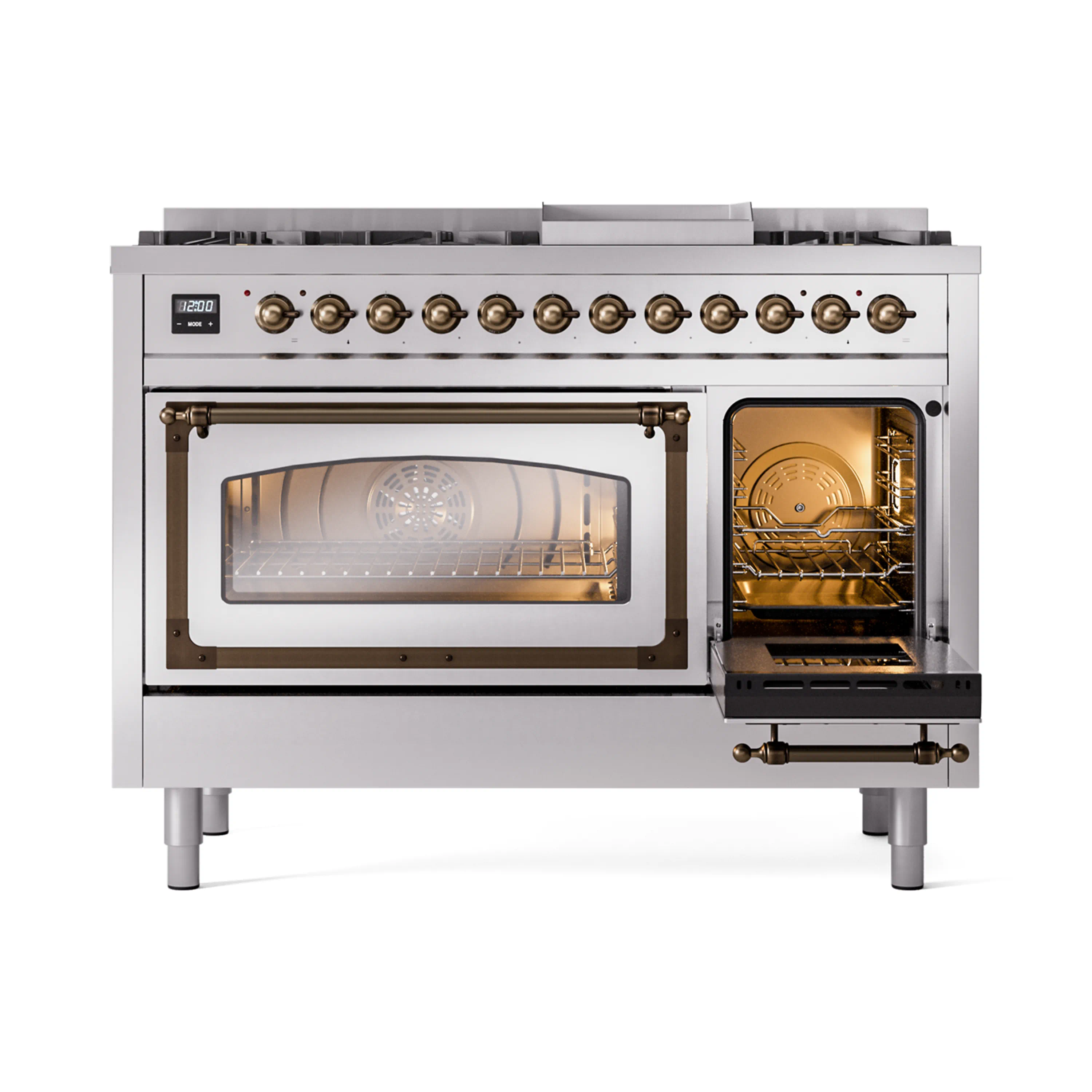 ILVE Nostalgie II Noblesse 48-Inch Freestanding Natural Gas Dual Fuel Range in Stainless Steel with Bronze Trim (UN48FNMPSSB) - Image 7