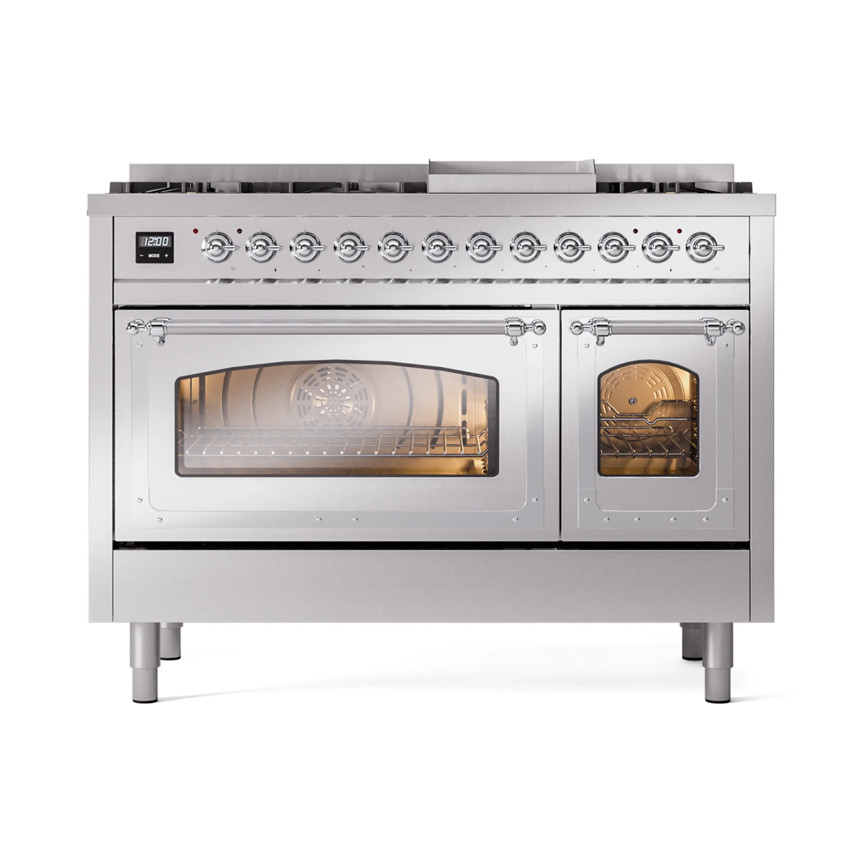 ILVE Nostalgie II Noblesse 48-Inch Freestanding Natural Gas Dual Fuel Range in Stainless Steel with Chrome Trim (UN48FNMPSSC) - Image 2
