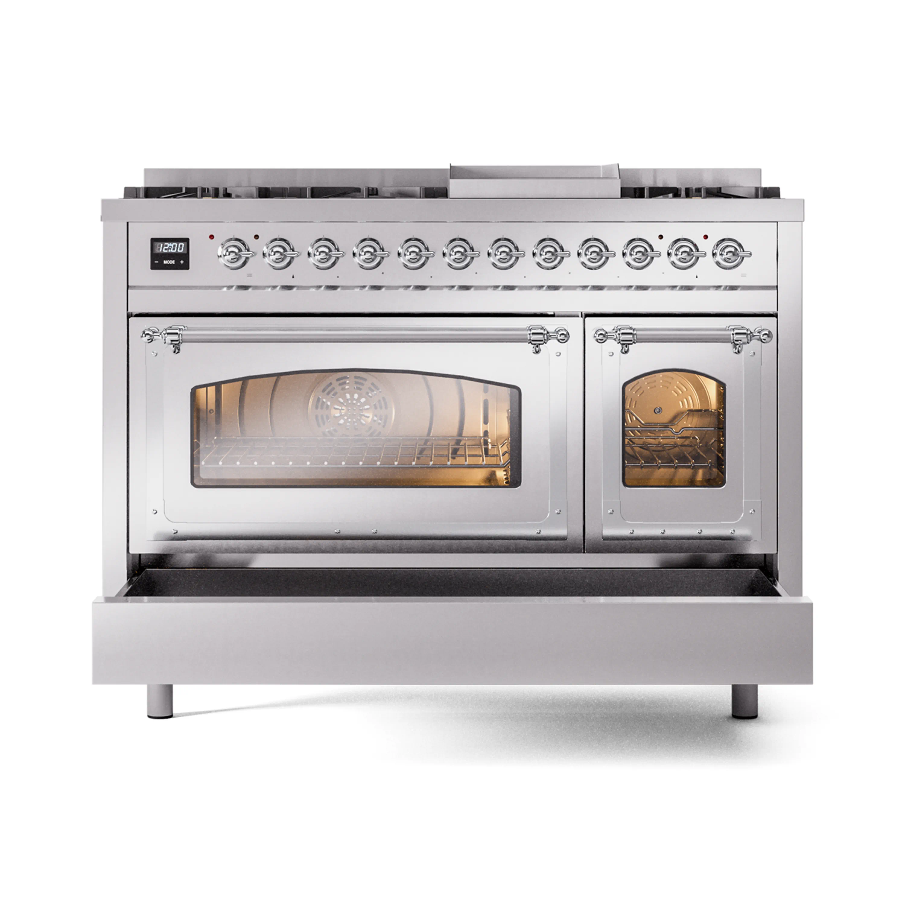 ILVE Nostalgie II Noblesse 48-Inch Freestanding Natural Gas Dual Fuel Range in Stainless Steel with Chrome Trim (UN48FNMPSSC) - Image 6