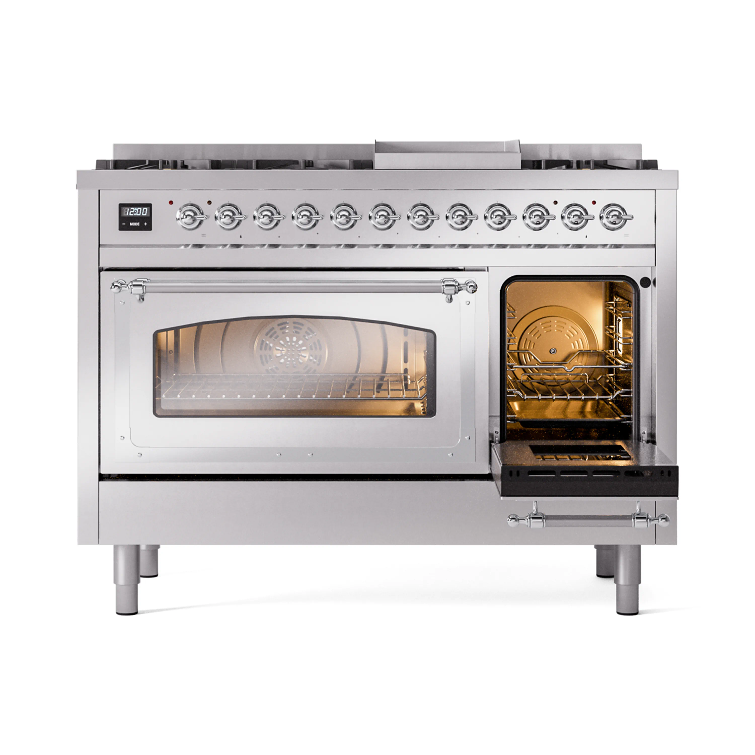 ILVE Nostalgie II Noblesse 48-Inch Freestanding Natural Gas Dual Fuel Range in Stainless Steel with Chrome Trim (UN48FNMPSSC) - Image 7