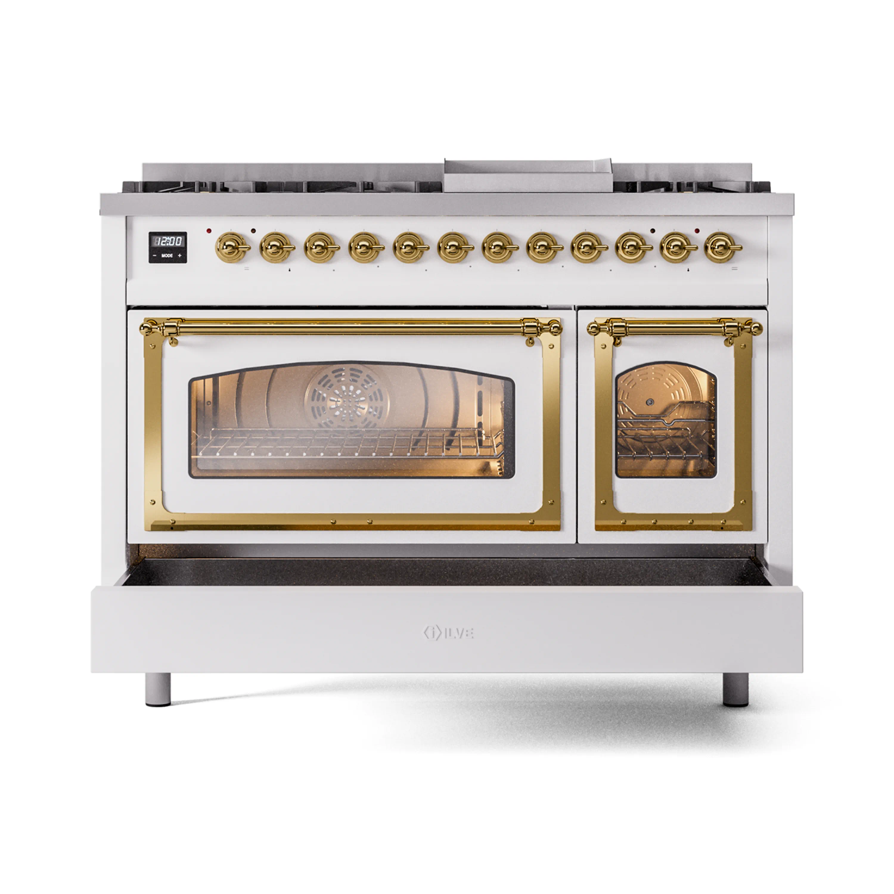 ILVE Nostalgie II Noblesse 48-Inch Freestanding Natural Gas Dual Fuel Range in White with Brass Trim (UN48FNMPWHG) - Image 6