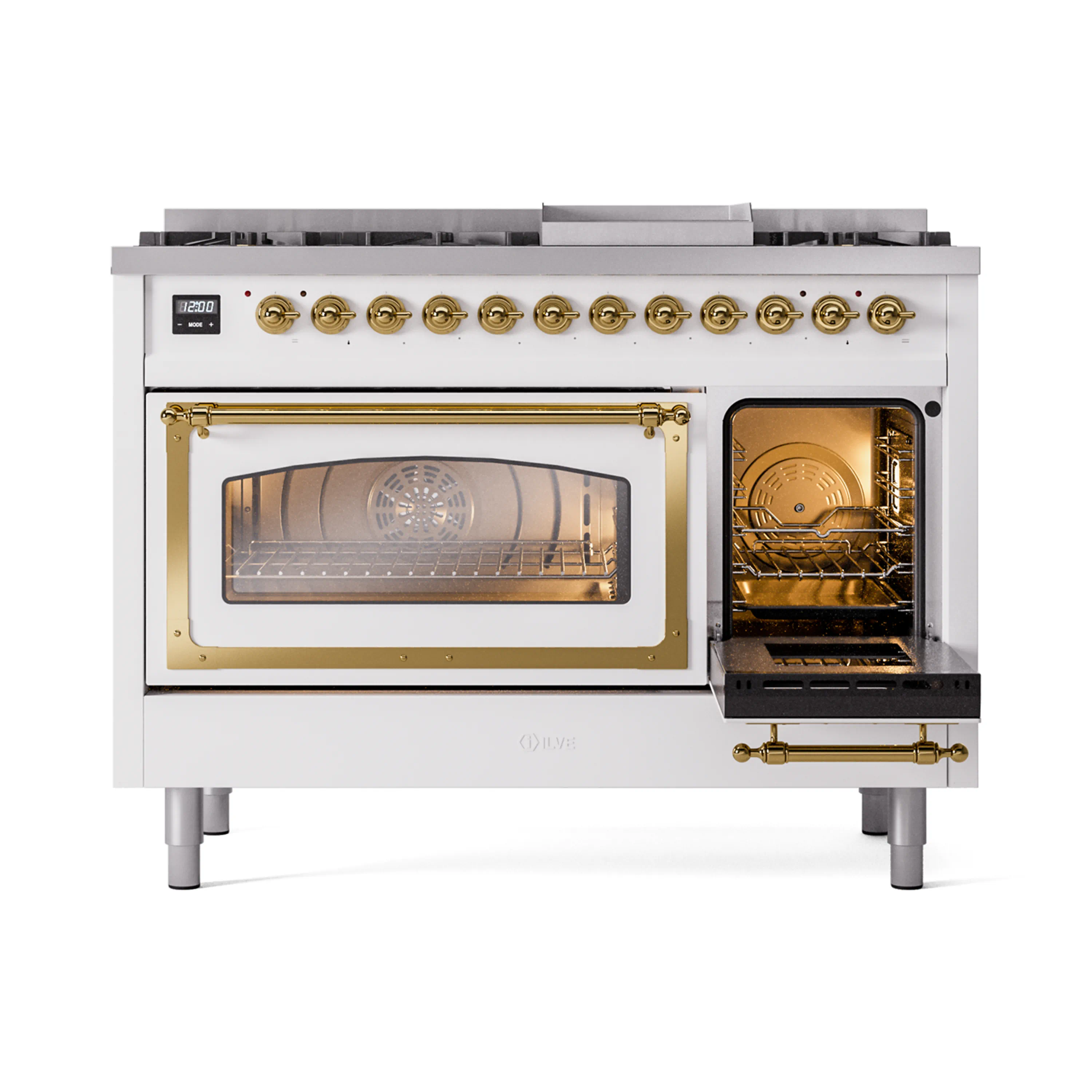 ILVE Nostalgie II Noblesse 48-Inch Freestanding Natural Gas Dual Fuel Range in White with Brass Trim (UN48FNMPWHG) - Image 7