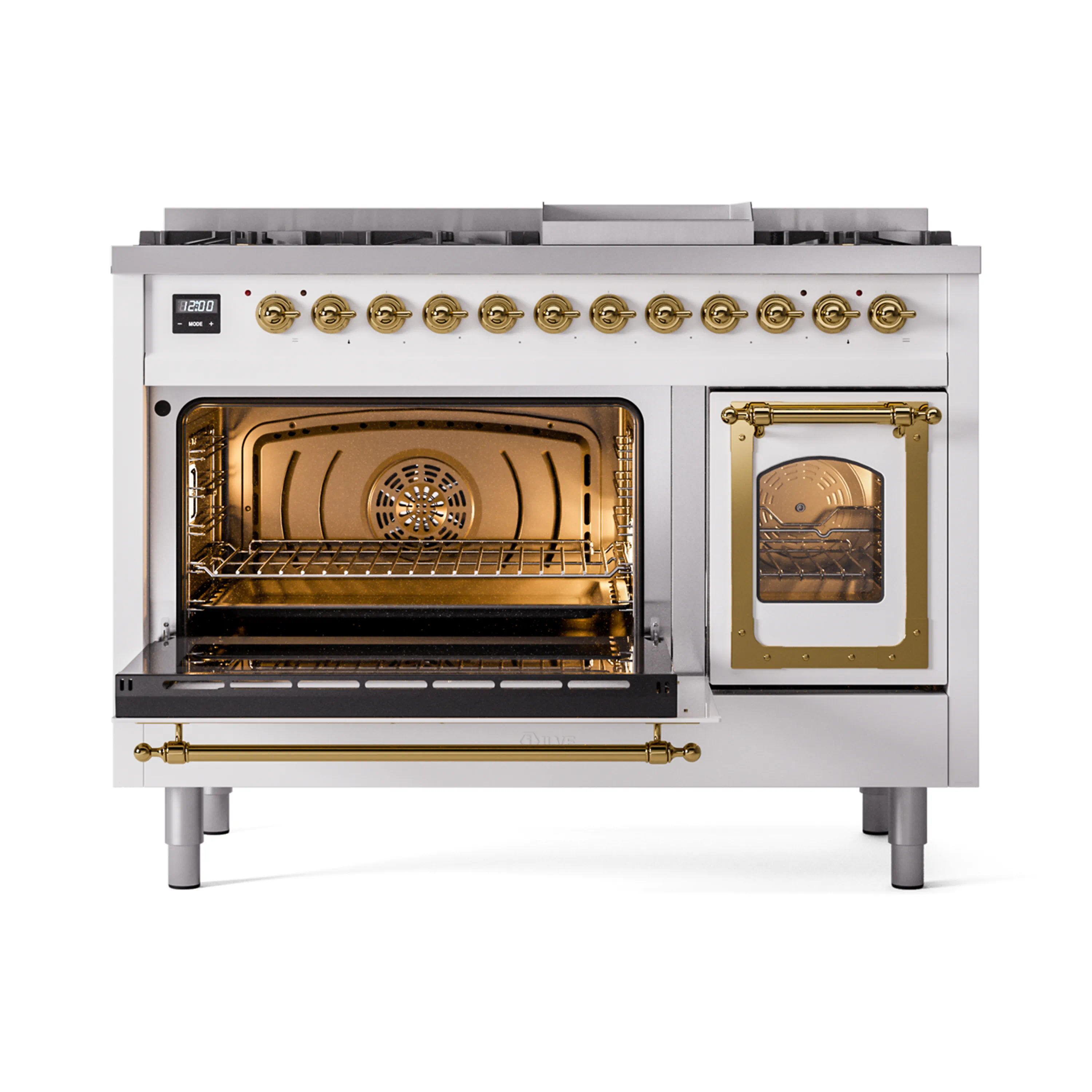 ILVE Nostalgie II Noblesse 48-Inch Freestanding Natural Gas Dual Fuel Range in White with Brass Trim (UN48FNMPWHG) - Image 8