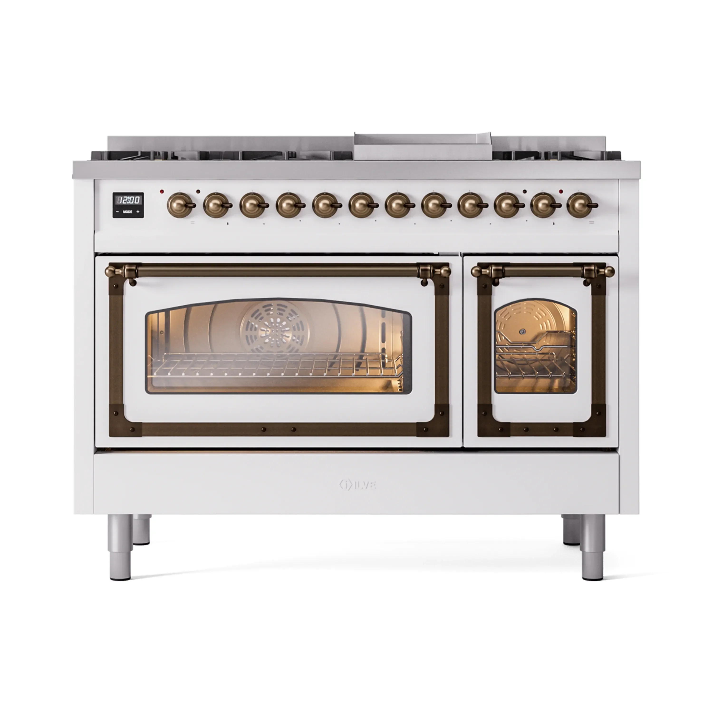 ILVE Nostalgie II Noblesse 48-Inch Freestanding Natural Gas Dual Fuel Range in White with Bronze Trim (UN48FNMPWHB) - Image 2