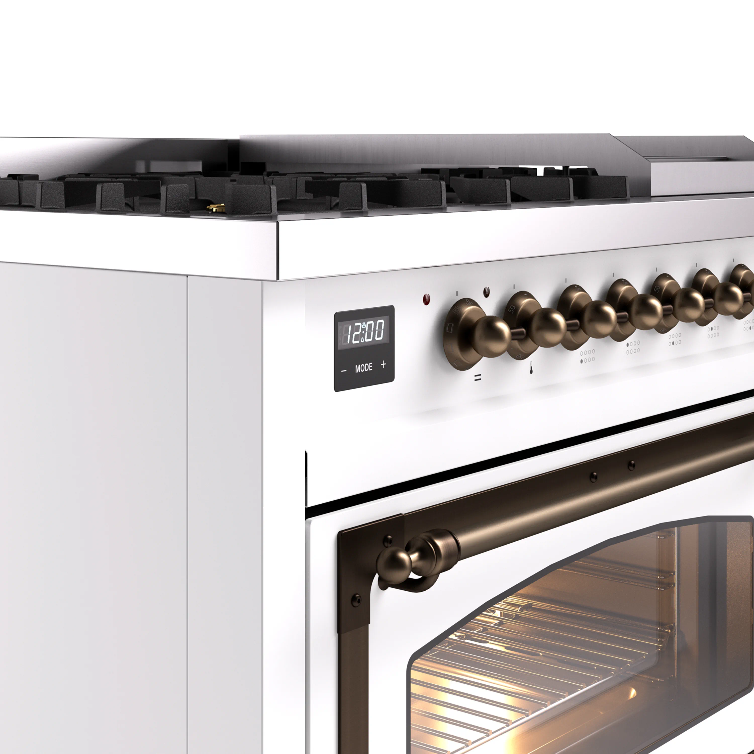 ILVE Nostalgie II Noblesse 48-Inch Freestanding Natural Gas Dual Fuel Range in White with Bronze Trim (UN48FNMPWHB) - Image 3