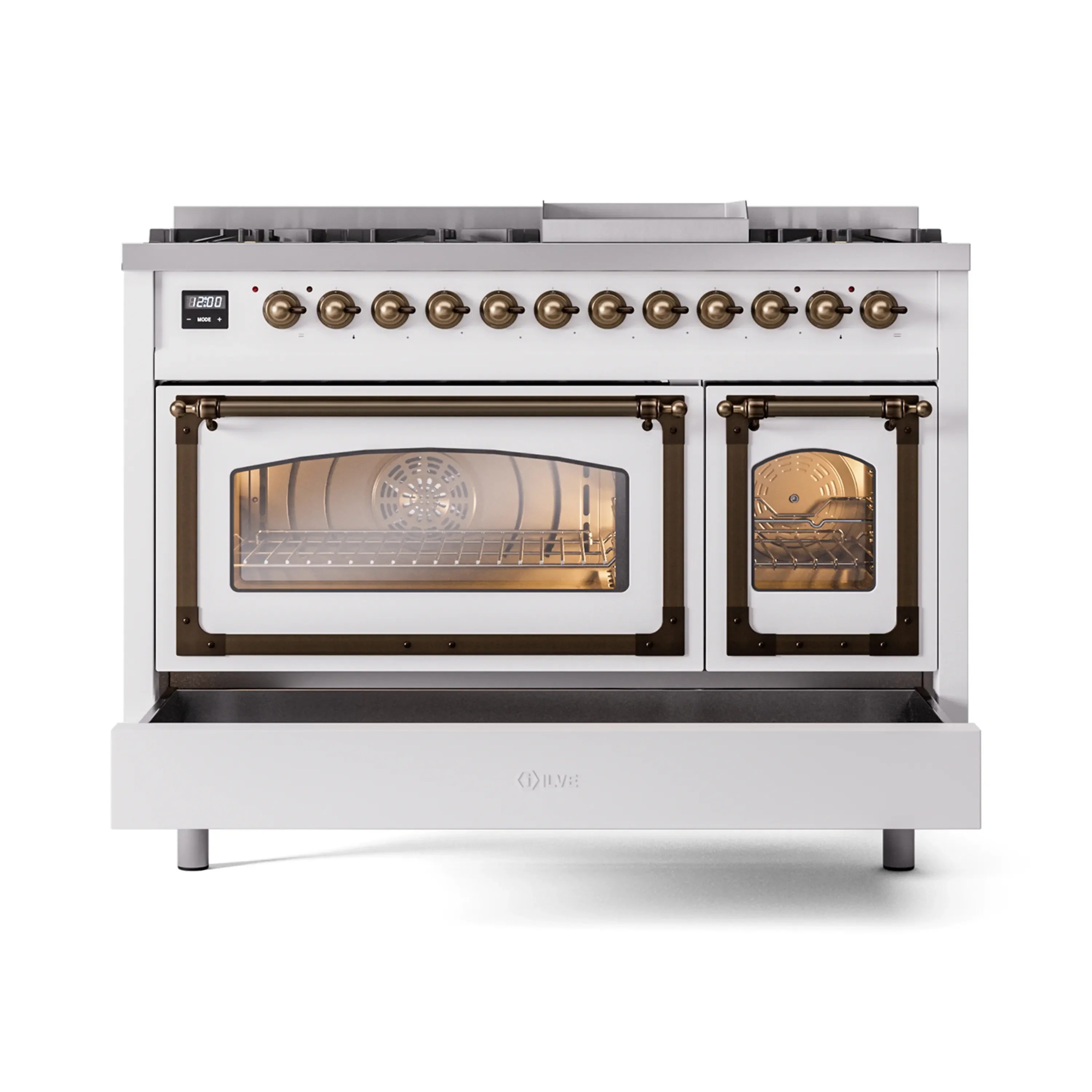ILVE Nostalgie II Noblesse 48-Inch Freestanding Natural Gas Dual Fuel Range in White with Bronze Trim (UN48FNMPWHB) - Image 6