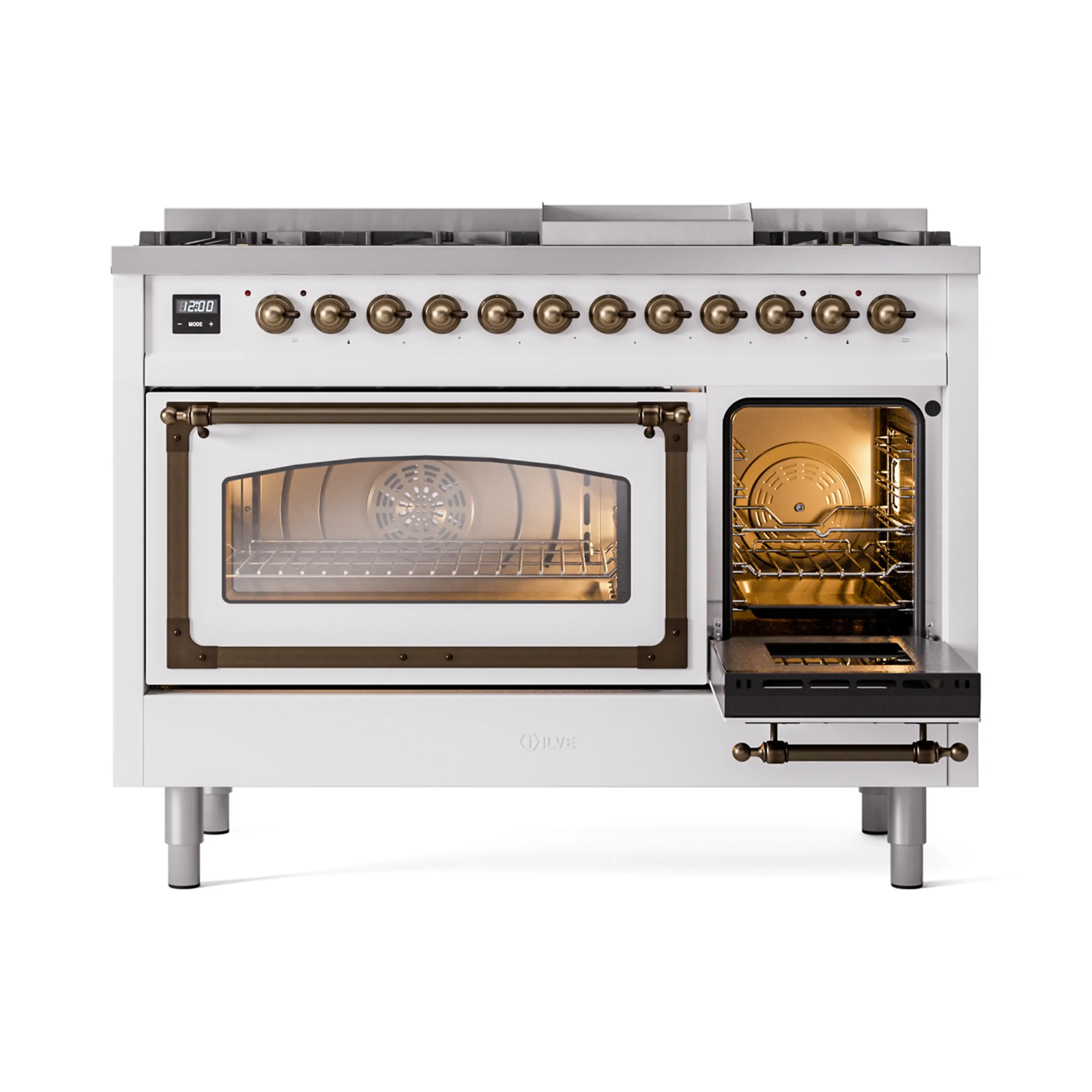 ILVE Nostalgie II Noblesse 48-Inch Freestanding Natural Gas Dual Fuel Range in White with Bronze Trim (UN48FNMPWHB) - Image 7