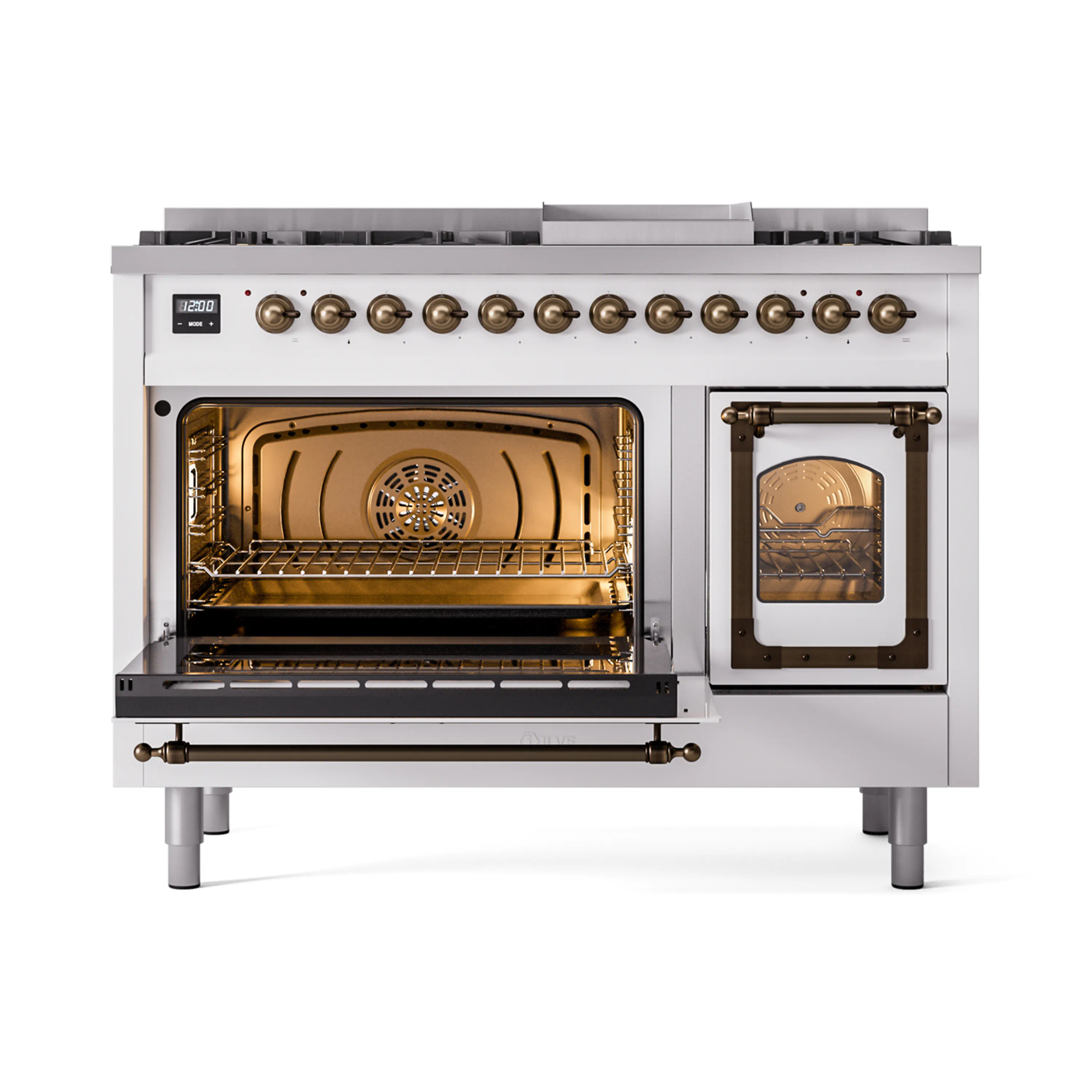ILVE Nostalgie II Noblesse 48-Inch Freestanding Natural Gas Dual Fuel Range in White with Bronze Trim (UN48FNMPWHB) - Image 8
