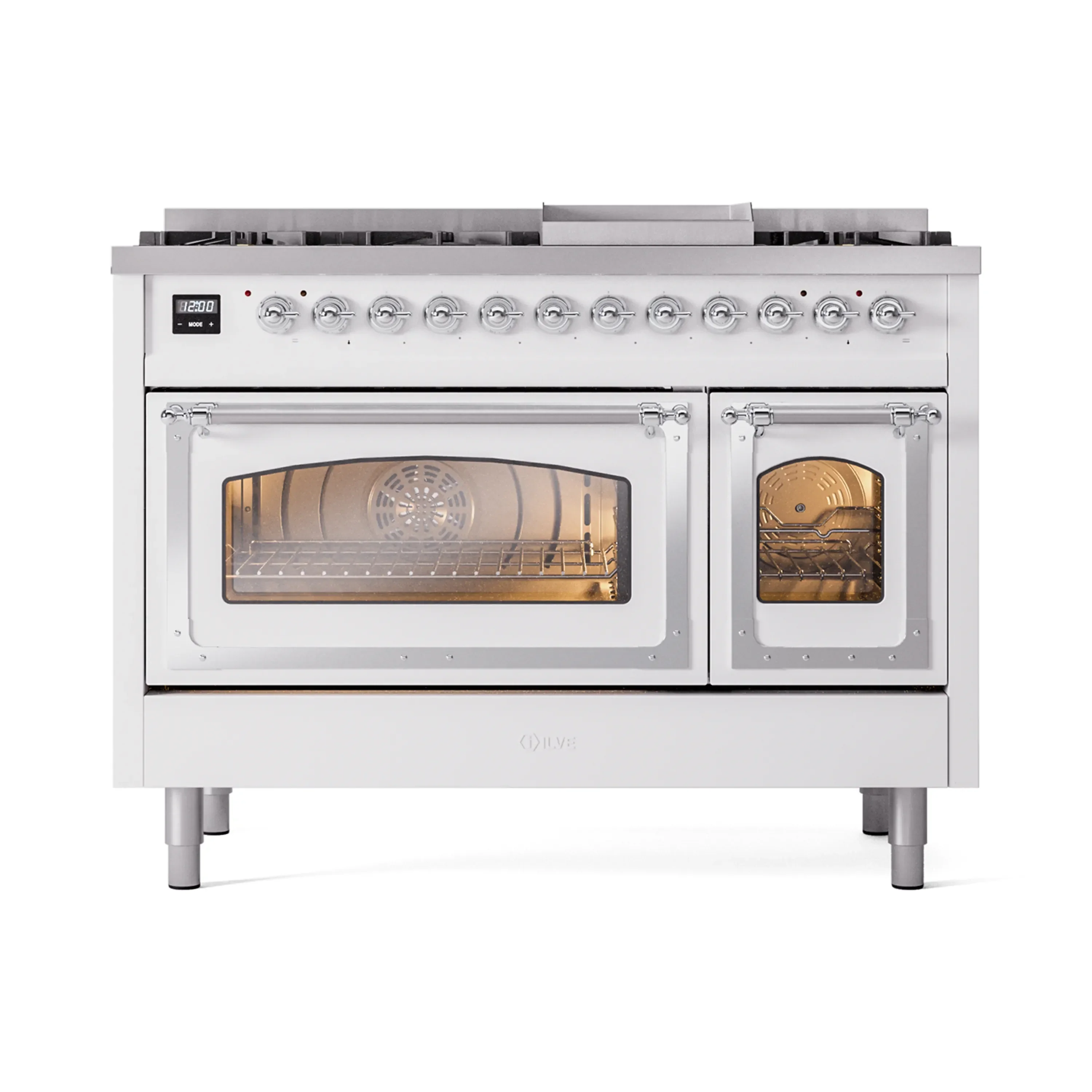 ILVE Nostalgie II Noblesse 48-Inch Freestanding Natural Gas Dual Fuel Range in White with Chrome Trim (UN48FNMPWHC) - Image 2