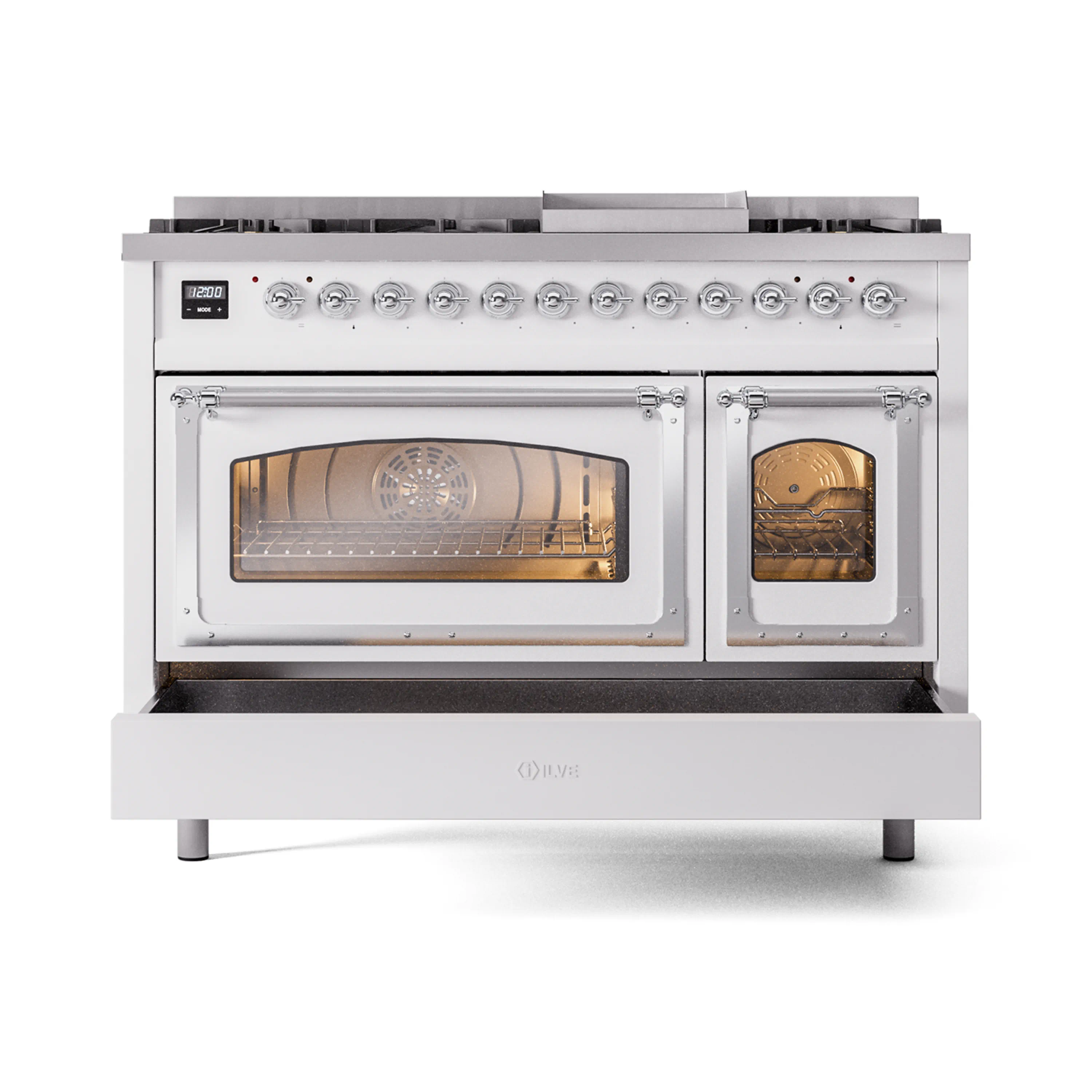 ILVE Nostalgie II Noblesse 48-Inch Freestanding Natural Gas Dual Fuel Range in White with Chrome Trim (UN48FNMPWHC) - Image 6
