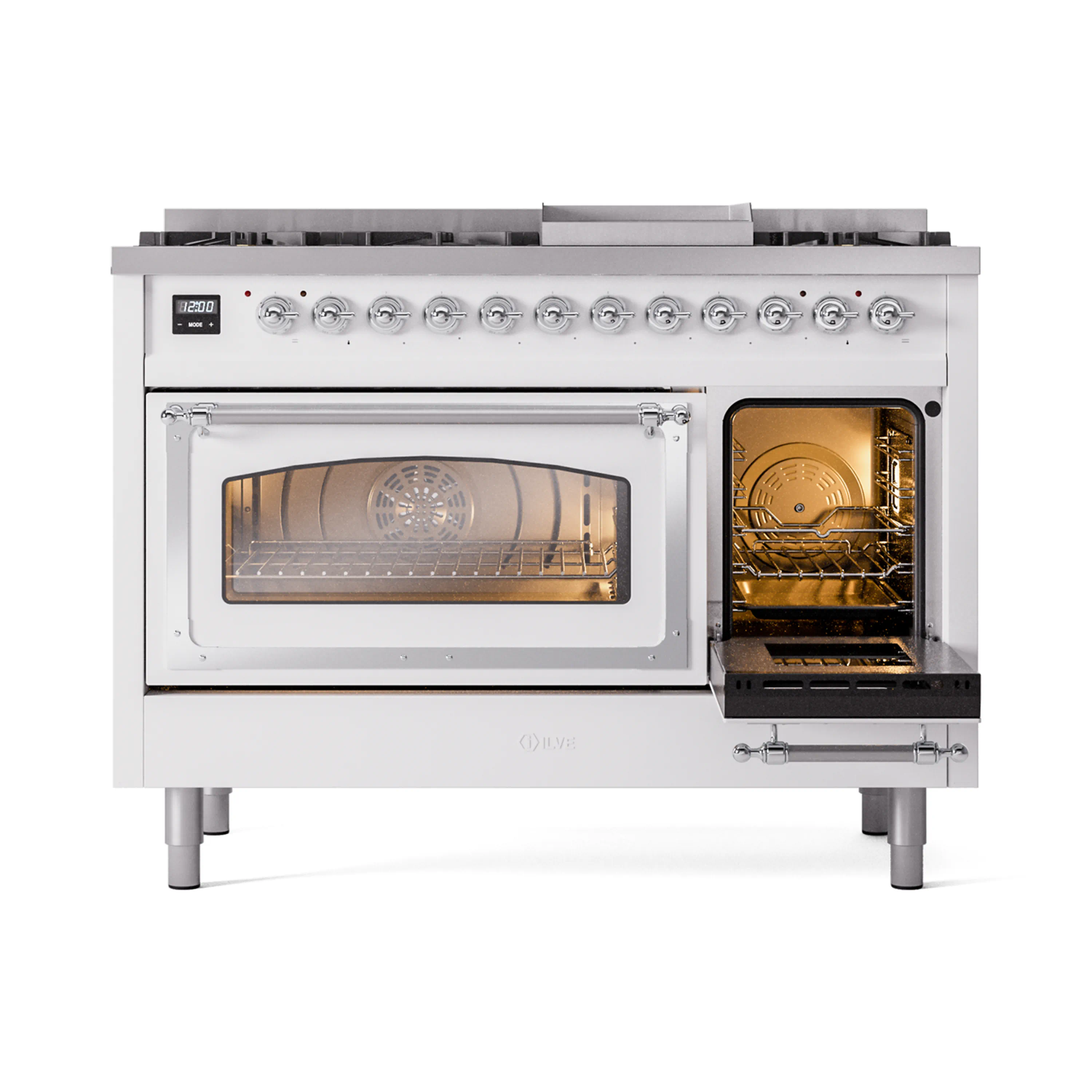 ILVE Nostalgie II Noblesse 48-Inch Freestanding Natural Gas Dual Fuel Range in White with Chrome Trim (UN48FNMPWHC) - Image 7
