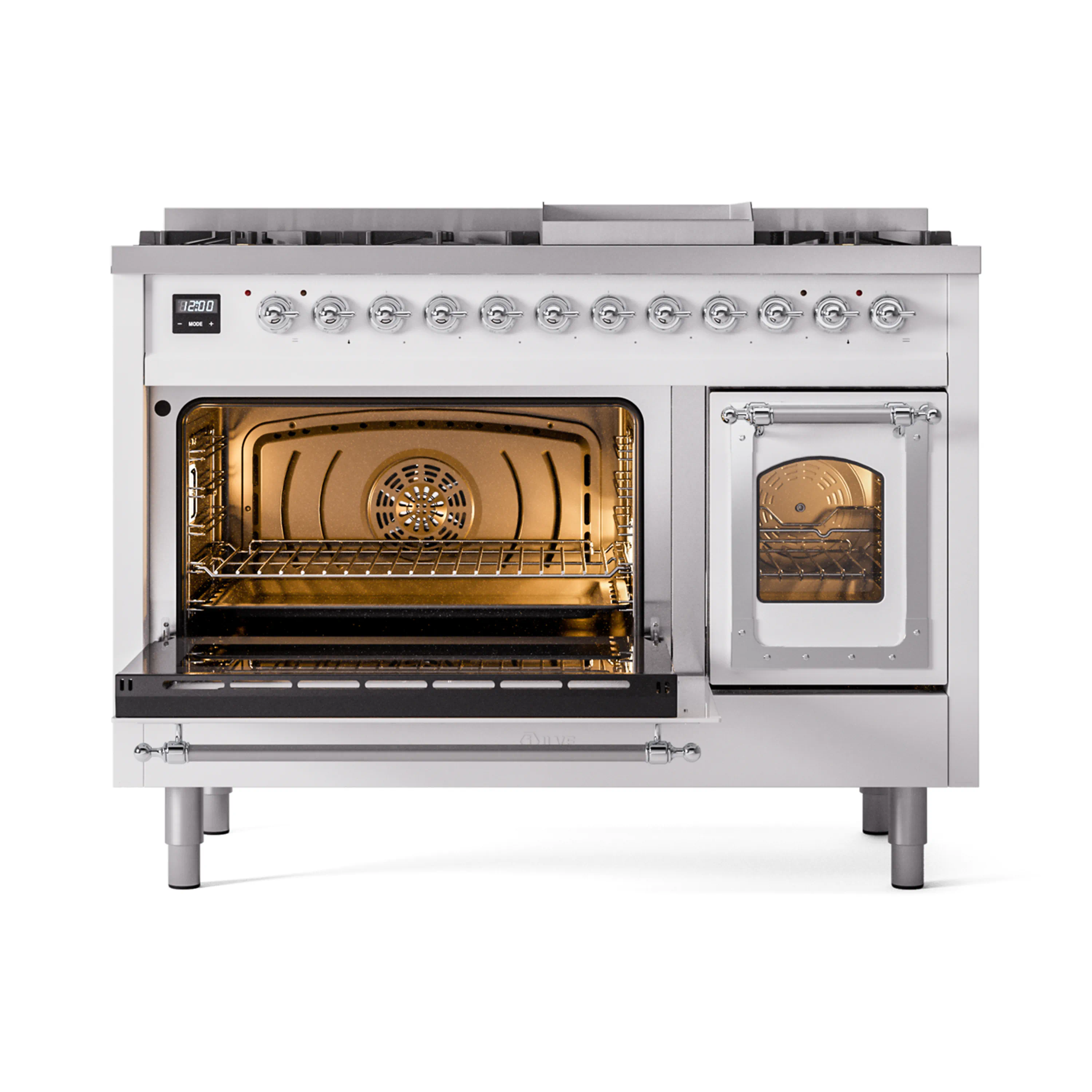 ILVE Nostalgie II Noblesse 48-Inch Freestanding Natural Gas Dual Fuel Range in White with Chrome Trim (UN48FNMPWHC) - Image 8