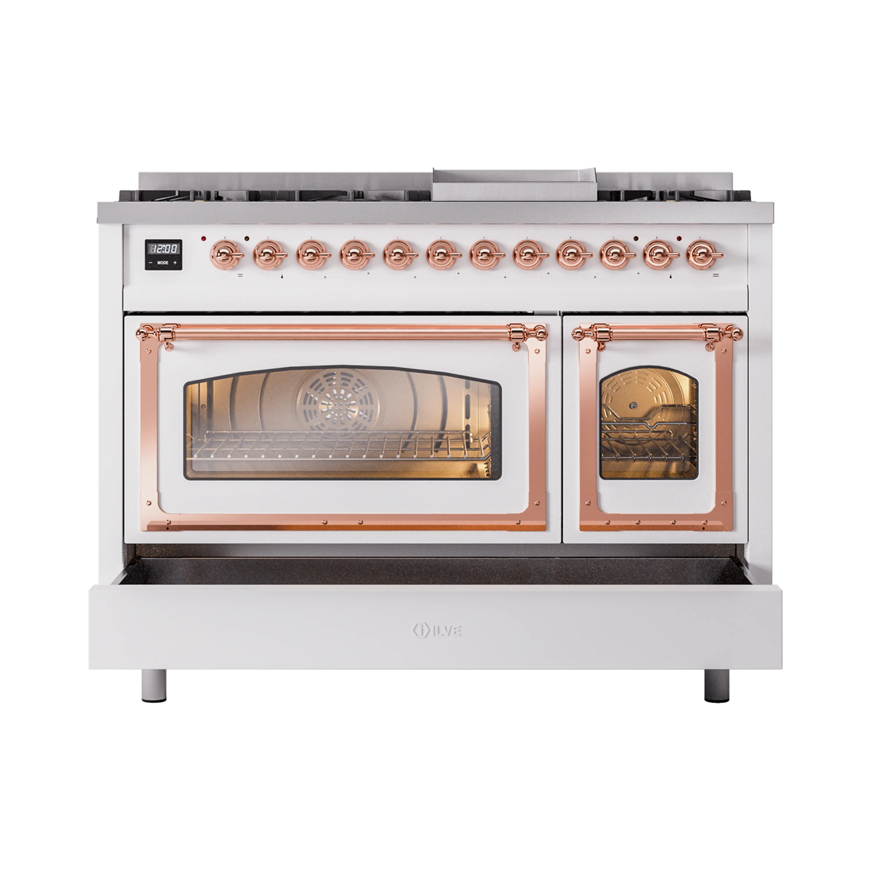 ILVE Nostalgie II Noblesse 48-Inch Freestanding Natural Gas Dual Fuel Range in White with Copper Trim (UN48FNMPWHP) - Image 6