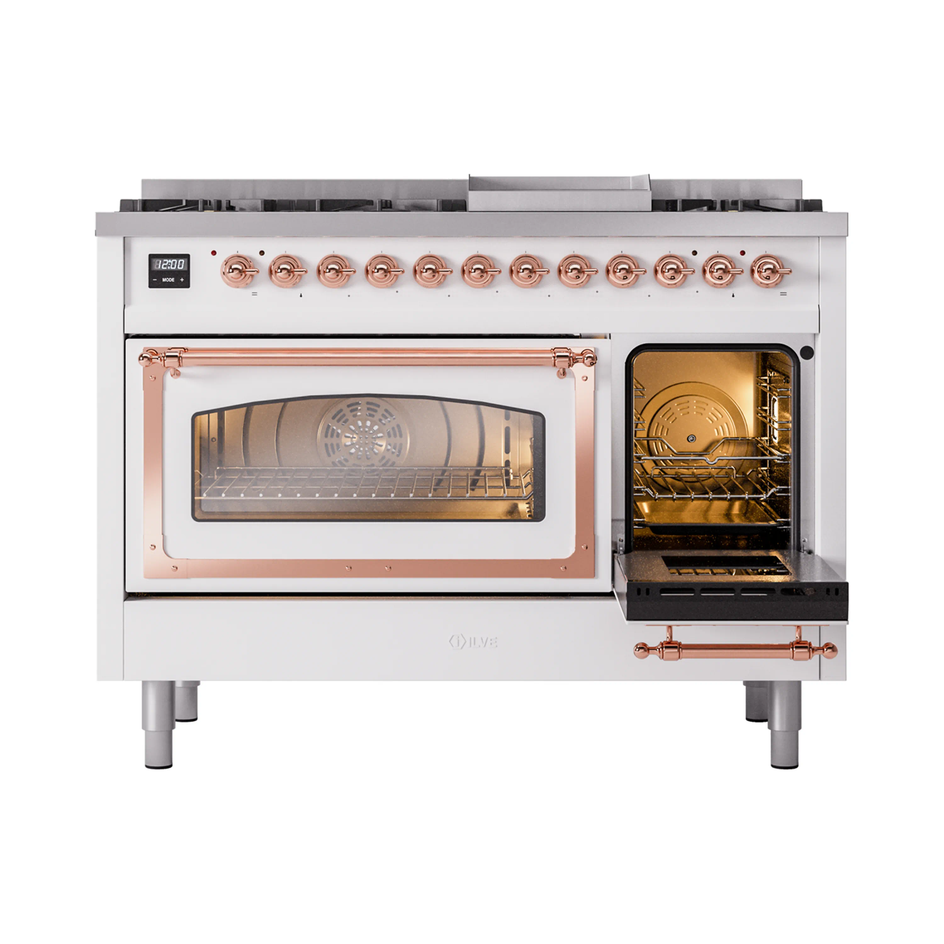 ILVE Nostalgie II Noblesse 48-Inch Freestanding Natural Gas Dual Fuel Range in White with Copper Trim (UN48FNMPWHP) - Image 7